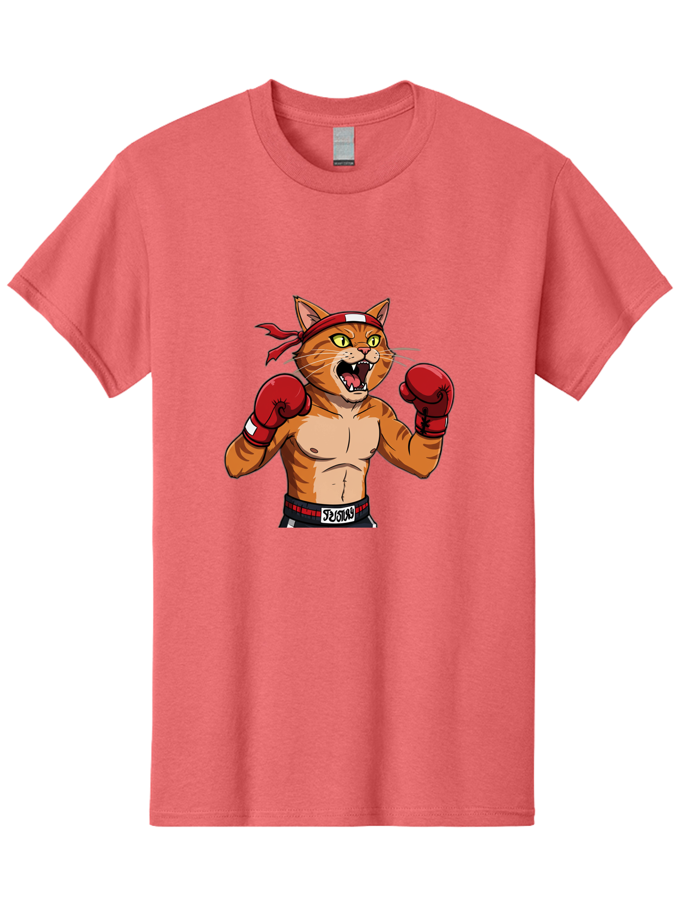 Boxing-Cat-1 Men'S Graphic Tee, 100% Cotton, Comfortable Casual Summer Wear, Machine Washable, Cartoon Cat, Goku, Boxing Gloves, Red Bandana, Muscular Physique, Confident Expression, Anime Style, Fighting Stance, Warrior Pose, Martial Arts, Bae363