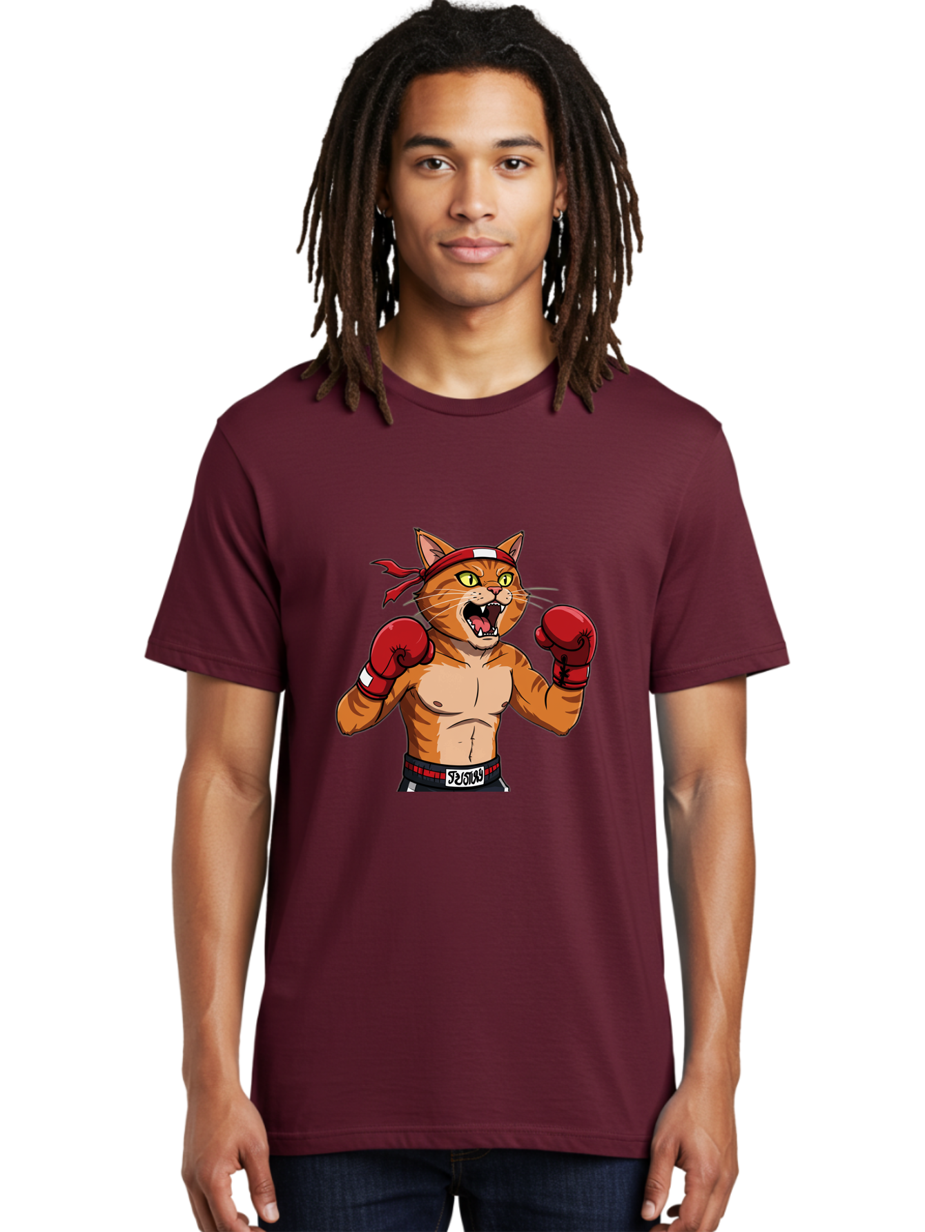 Boxing-Cat-1 Men'S Graphic Tee, 100% Cotton, Comfortable Casual Summer Wear, Machine Washable, Cartoon Cat, Goku, Boxing Gloves, Red Bandana, Muscular Physique, Confident Expression, Anime Style, Fighting Stance, Warrior Pose, Martial Arts, Bae363