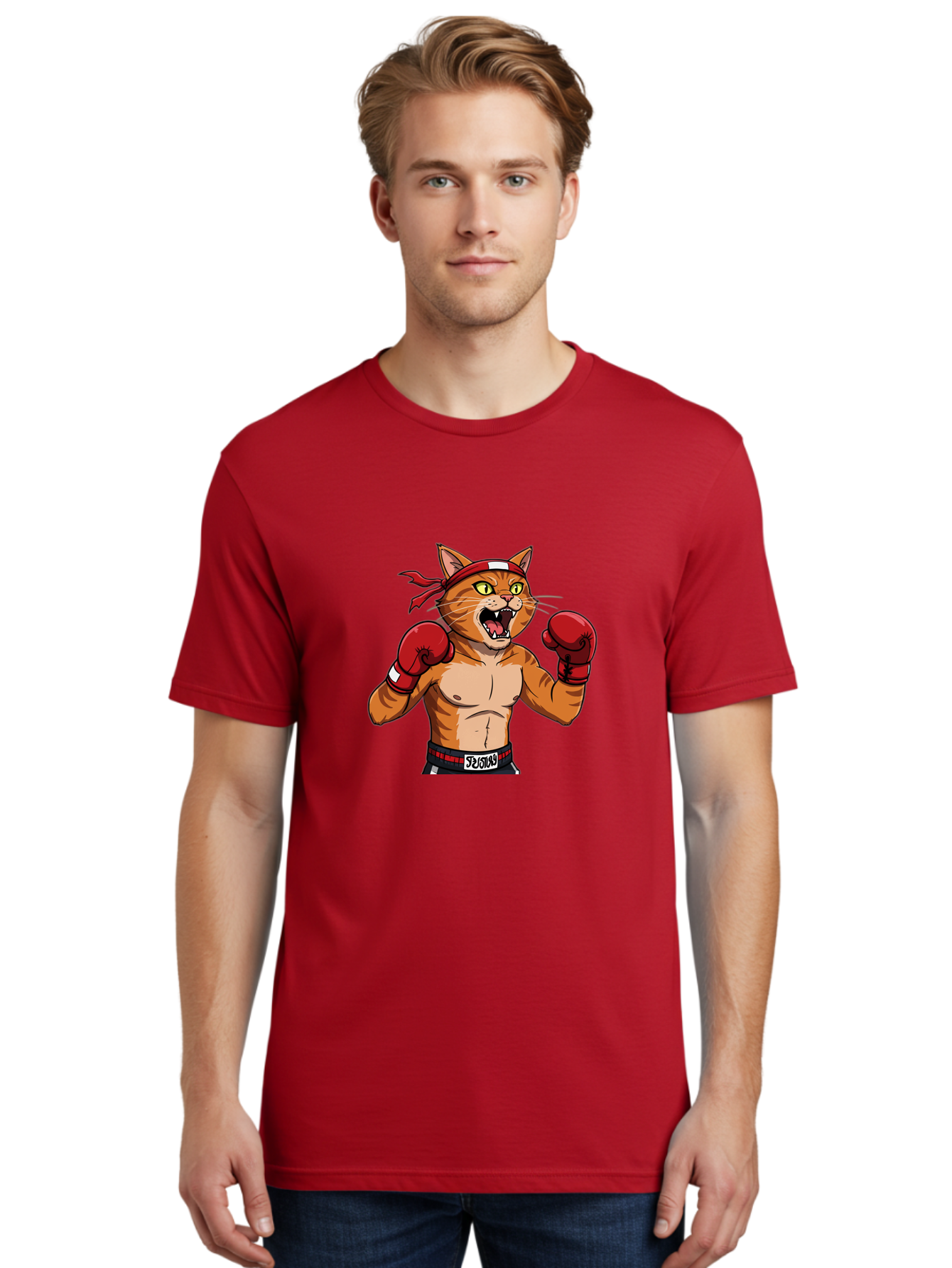Boxing-Cat-1 Men'S Graphic Tee, 100% Cotton, Comfortable Casual Summer Wear, Machine Washable, Cartoon Cat, Goku, Boxing Gloves, Red Bandana, Muscular Physique, Confident Expression, Anime Style, Fighting Stance, Warrior Pose, Martial Arts, Bae363