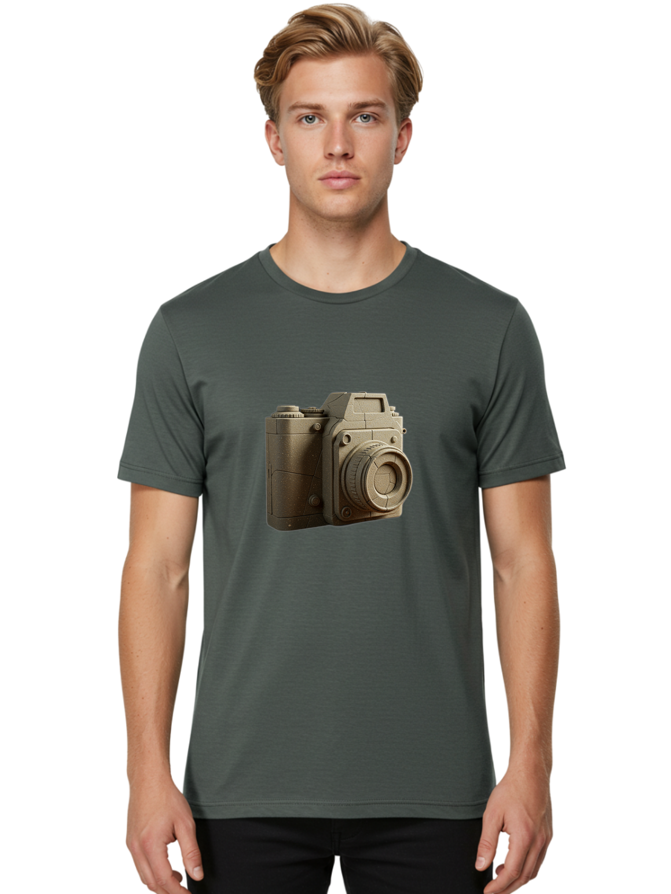 Brown-Camera Men'S Graphic Tee, 100% Cotton, Comfortable Casual Summer Wear, Machine Washable, 3D Camera, Digital Camera, Photography Equipment, Camera Lens, Camera Body, Rendering, 3D Modeling, Computer-Generated Imagery, Studio Shot, Bae365