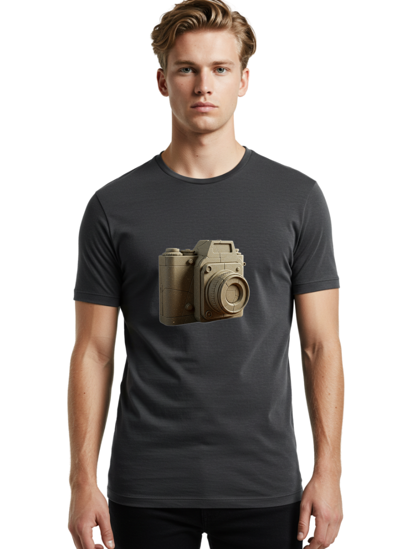 Brown-Camera Men'S Graphic Tee, 100% Cotton, Comfortable Casual Summer Wear, Machine Washable, 3D Camera, Digital Camera, Photography Equipment, Camera Lens, Camera Body, Rendering, 3D Modeling, Computer-Generated Imagery, Studio Shot, Bae365