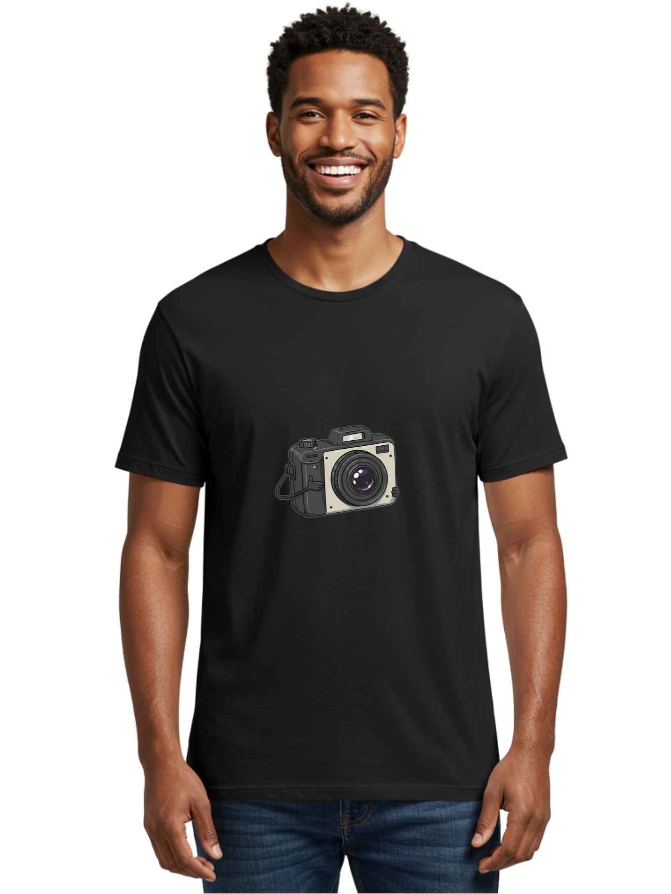 Camera-1 Men'S Graphic Tee, 100% Cotton, Comfortable Casual Summer Wear, Machine Washable, Illustrated Camera, Photography Equipment, Camera Lens, Black And Silver, Camera Strap, Digital Camera, Photography Gear, Camera Illustration Bae366