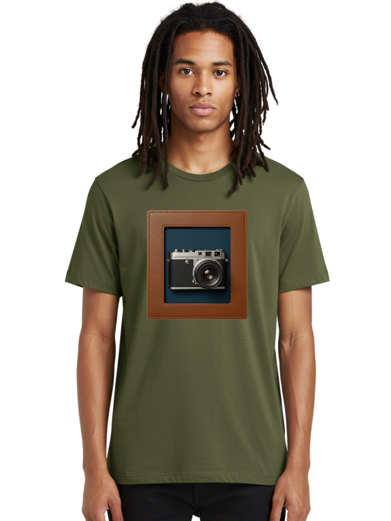 Camera-2 Men'S Graphic Tee, 100% Cotton, Comfortable Casual Summer Wear, Machine Washable, Vintage Camera, Photography Equipment, Leica Camera, Classic Design, Retro Style, Brown Leather Case, Blue Background, Silver Accents Bae367