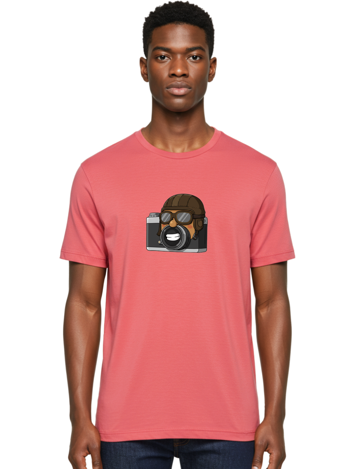 Camera-Avatar Men'S Graphic Tee, 100% Cotton, Comfortable Casual Summer Wear, Machine Washable, Cartoon Camera, Pilot Character, Aviation Style, Goggles And Helmet, Photography Illustration, Digital Art, Creative Design, Camera Character, Bae369