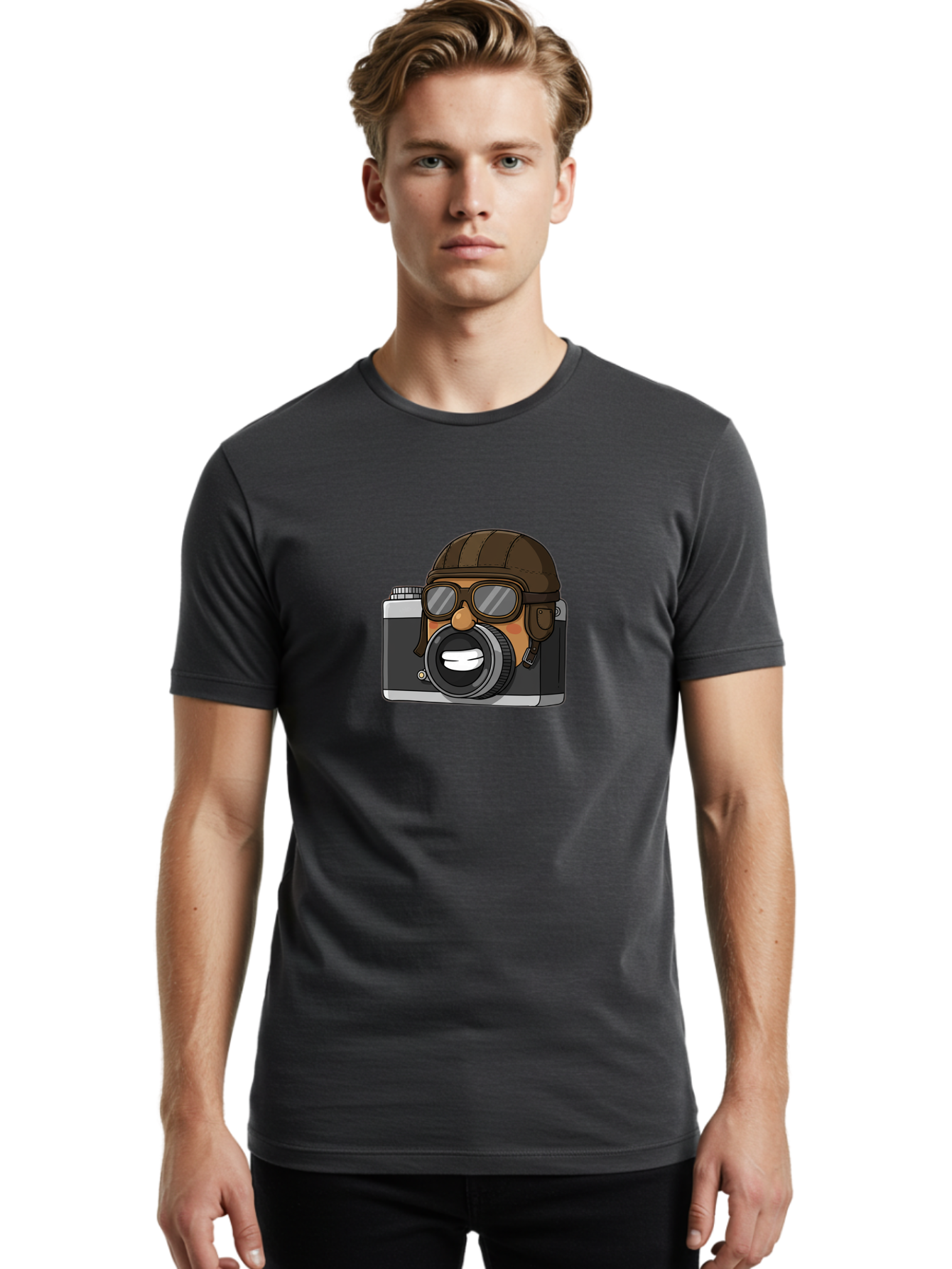 Camera-Avatar Men'S Graphic Tee, 100% Cotton, Comfortable Casual Summer Wear, Machine Washable, Cartoon Camera, Pilot Character, Aviation Style, Goggles And Helmet, Photography Illustration, Digital Art, Creative Design, Camera Character, Bae369