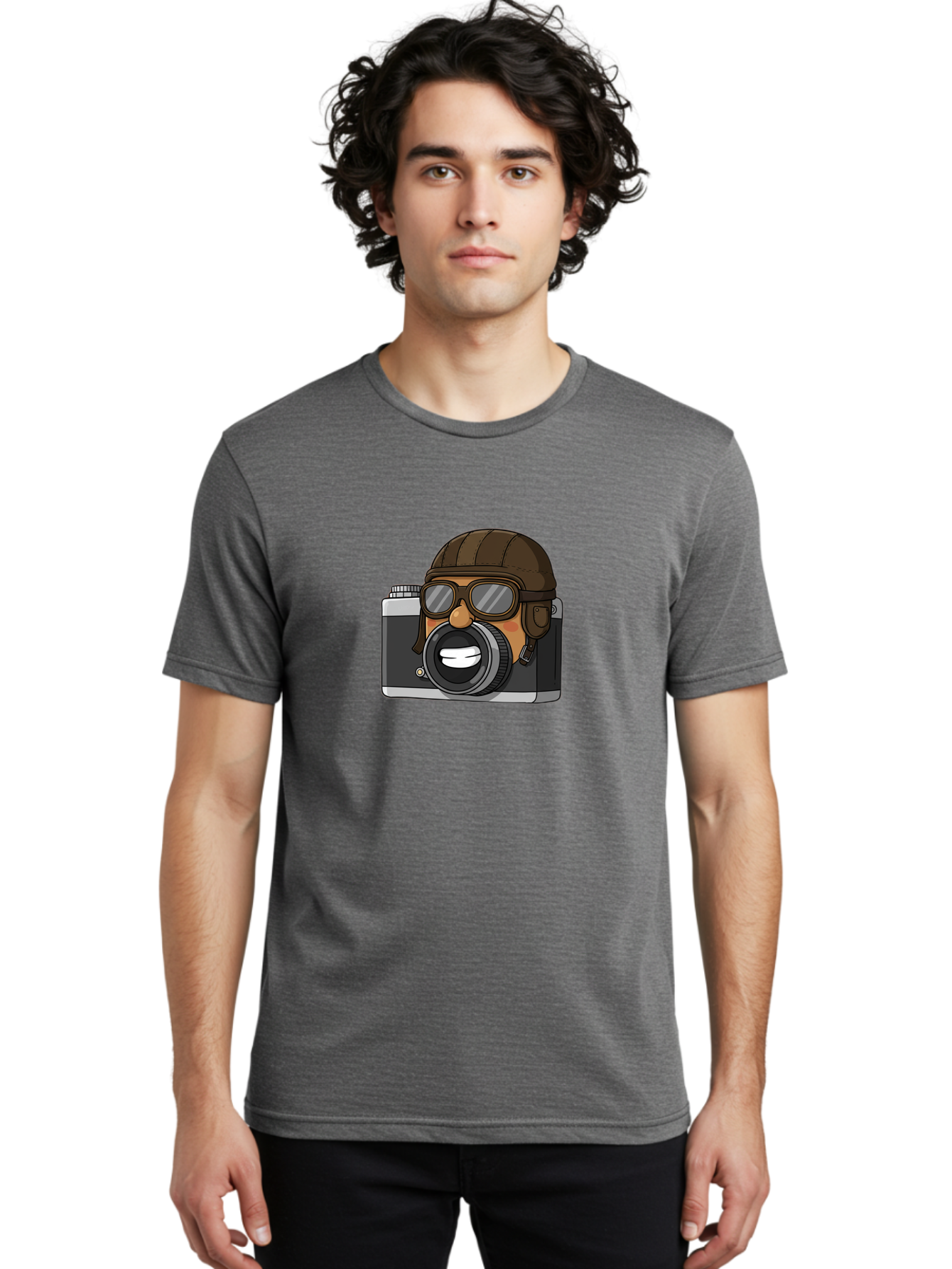 Camera-Avatar Men'S Graphic Tee, 100% Cotton, Comfortable Casual Summer Wear, Machine Washable, Cartoon Camera, Pilot Character, Aviation Style, Goggles And Helmet, Photography Illustration, Digital Art, Creative Design, Camera Character, Bae369