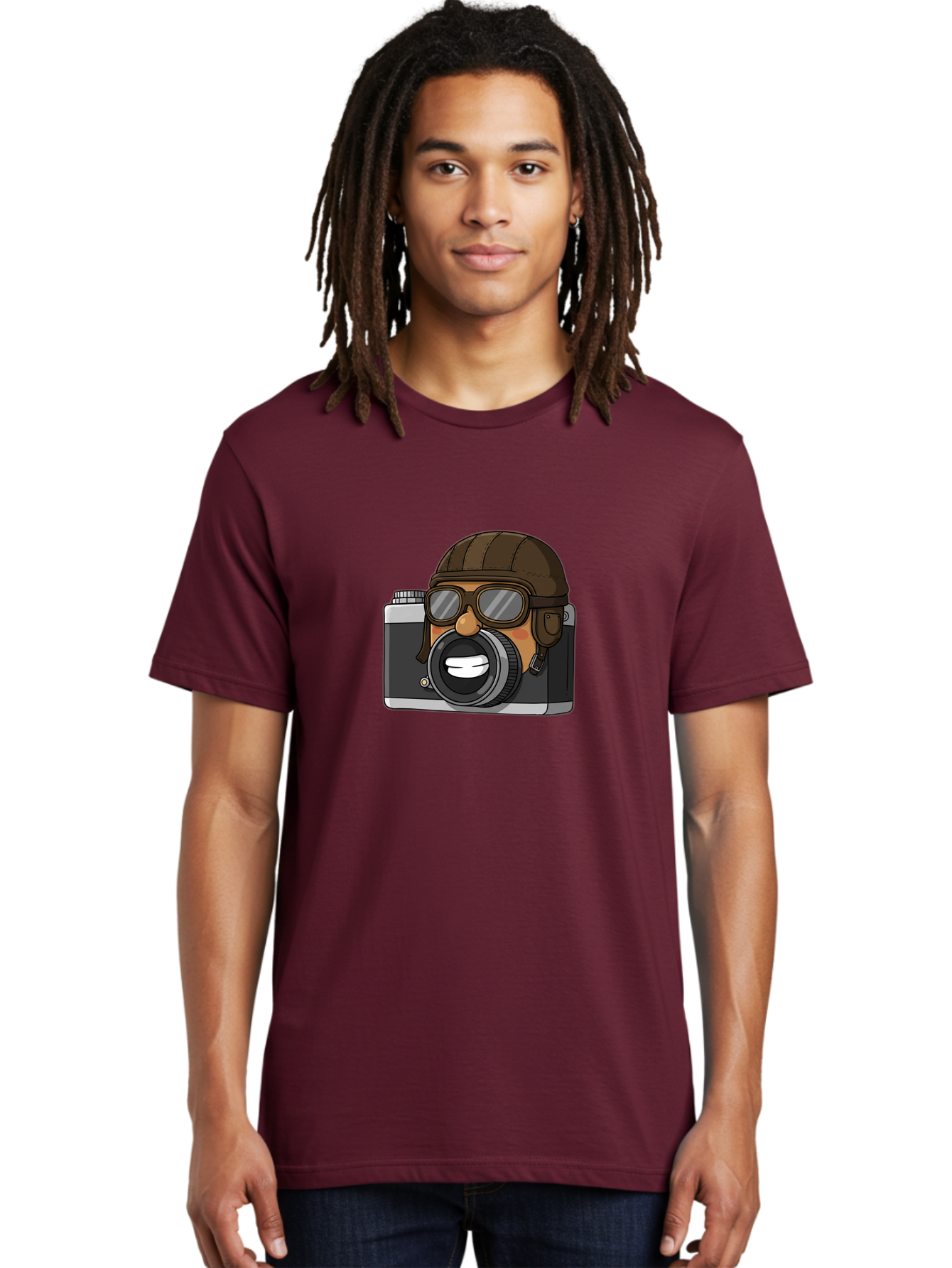 Camera-Avatar Men'S Graphic Tee, 100% Cotton, Comfortable Casual Summer Wear, Machine Washable, Cartoon Camera, Pilot Character, Aviation Style, Goggles And Helmet, Photography Illustration, Digital Art, Creative Design, Camera Character, Bae369