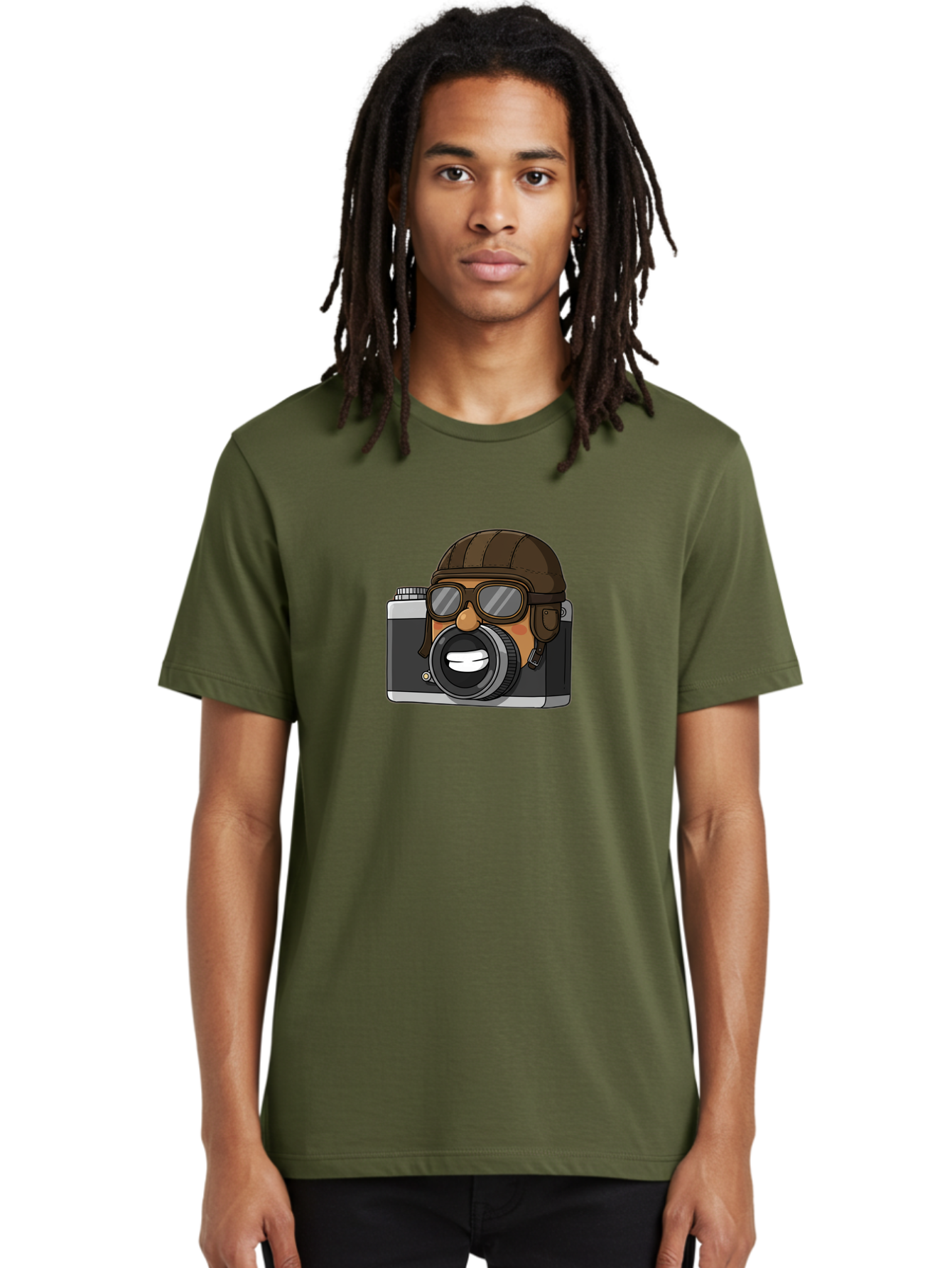 Camera-Avatar Men'S Graphic Tee, 100% Cotton, Comfortable Casual Summer Wear, Machine Washable, Cartoon Camera, Pilot Character, Aviation Style, Goggles And Helmet, Photography Illustration, Digital Art, Creative Design, Camera Character, Bae369