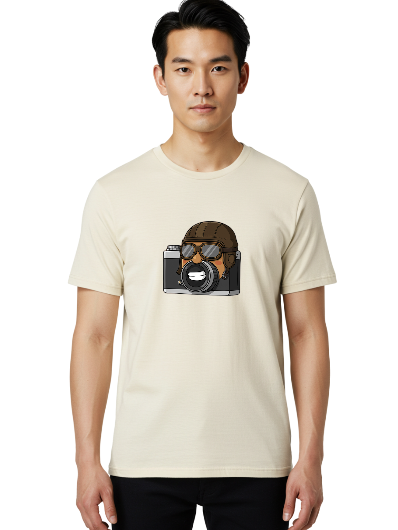Camera-Avatar Men'S Graphic Tee, 100% Cotton, Comfortable Casual Summer Wear, Machine Washable, Cartoon Camera, Pilot Character, Aviation Style, Goggles And Helmet, Photography Illustration, Digital Art, Creative Design, Camera Character, Bae369