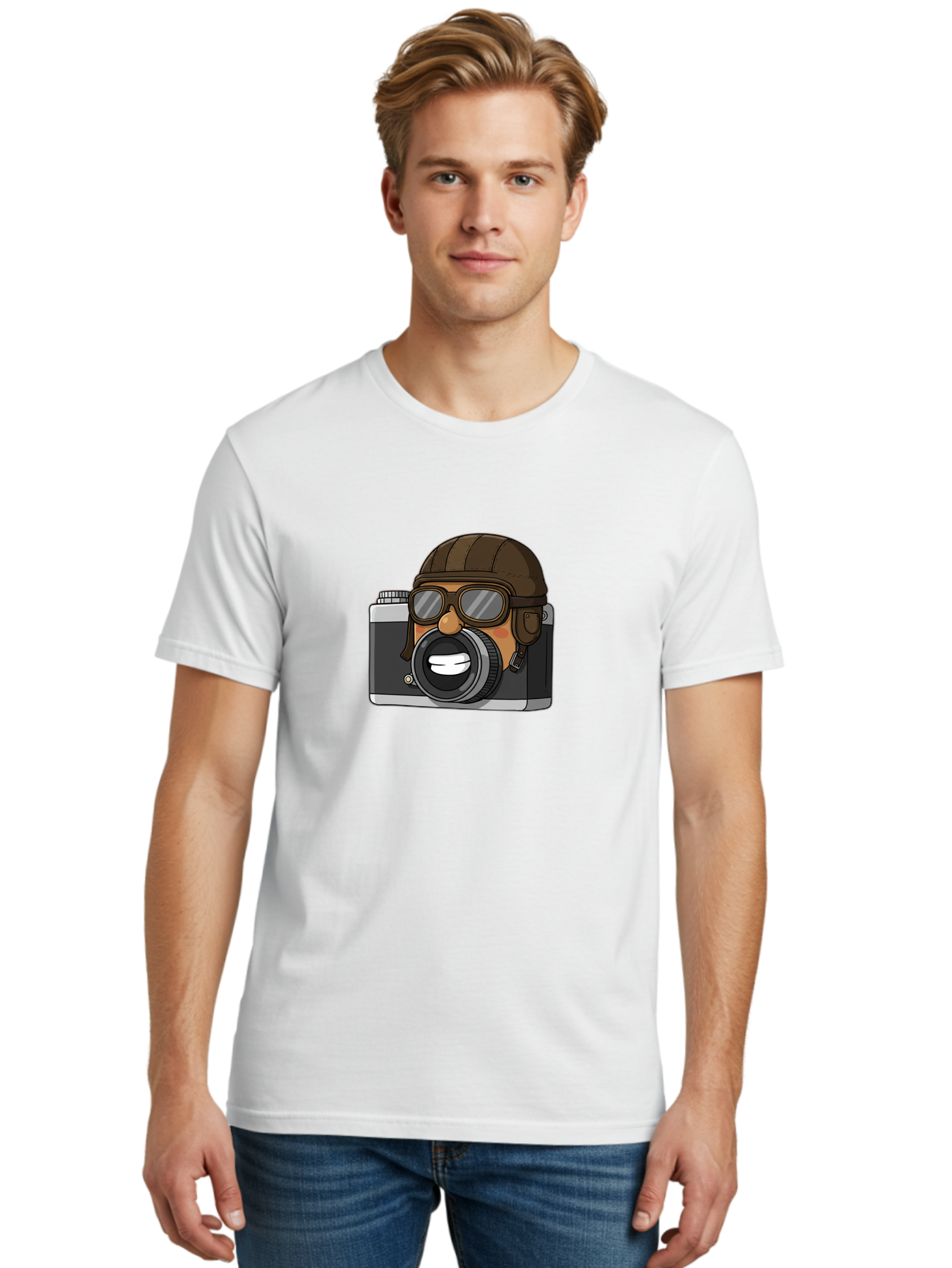 Camera-Avatar Men'S Graphic Tee, 100% Cotton, Comfortable Casual Summer Wear, Machine Washable, Cartoon Camera, Pilot Character, Aviation Style, Goggles And Helmet, Photography Illustration, Digital Art, Creative Design, Camera Character, Bae369