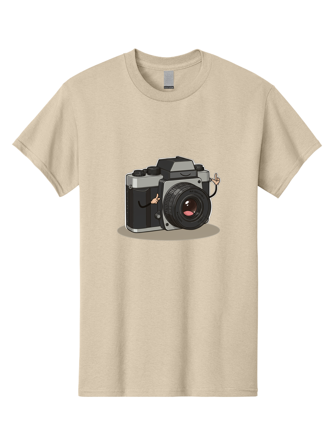 Camera-Character-1 Men'S Graphic Tee, 100% Cotton, Comfortable Casual Summer Wear, Machine Washable, Cartoon Camera, Character Design, Photography, Silver And Black Camera, Lens With Face, Hand Gestures, Funny, Quirky, Playful, Bae370