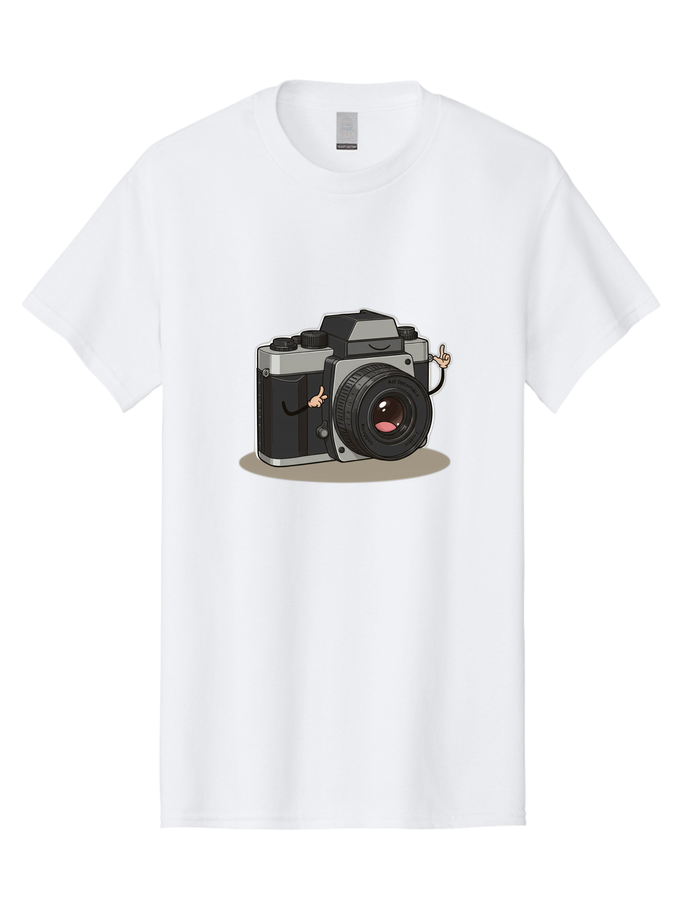 Camera-Character-1 Men'S Graphic Tee, 100% Cotton, Comfortable Casual Summer Wear, Machine Washable, Cartoon Camera, Character Design, Photography, Silver And Black Camera, Lens With Face, Hand Gestures, Funny, Quirky, Playful, Bae370