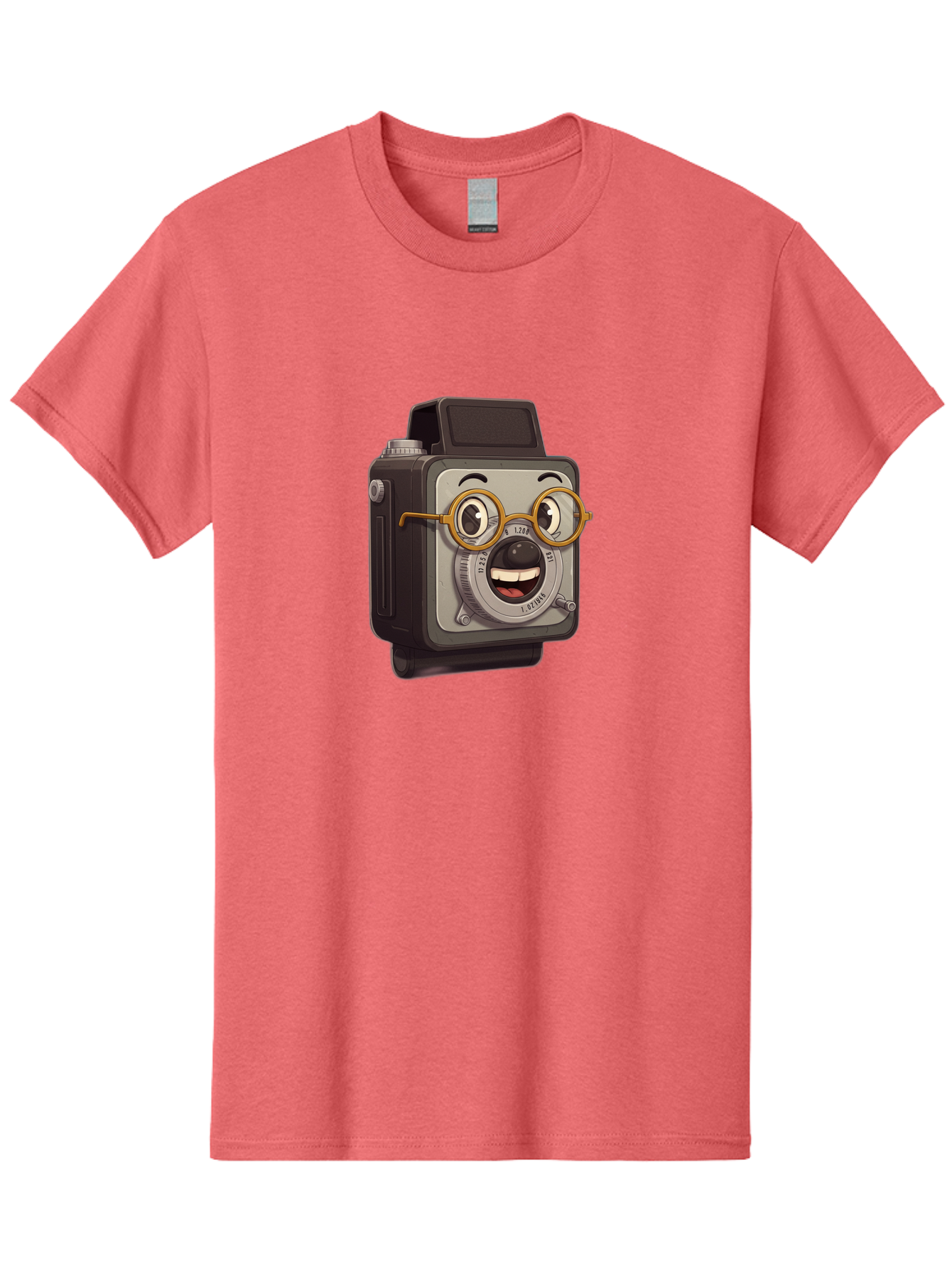 Camera-Character Men'S Graphic Tee, 100% Cotton, Comfortable Casual Summer Wear, Machine Washable, Cartoon Camera, Anthropomorphic Design, Funny Glasses, Goofy Expression, Comedic Character, Playful Illustration, Quirky Personality, Bae371