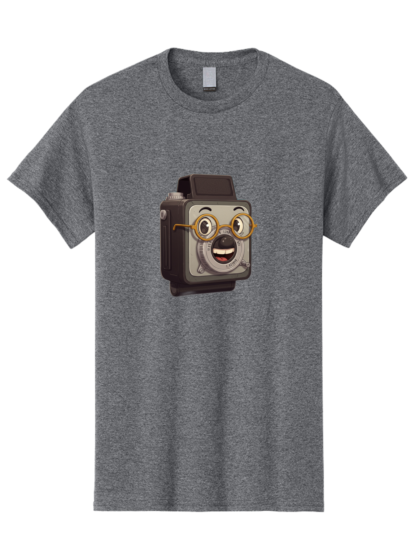 Camera-Character Men'S Graphic Tee, 100% Cotton, Comfortable Casual Summer Wear, Machine Washable, Cartoon Camera, Anthropomorphic Design, Funny Glasses, Goofy Expression, Comedic Character, Playful Illustration, Quirky Personality, Bae371