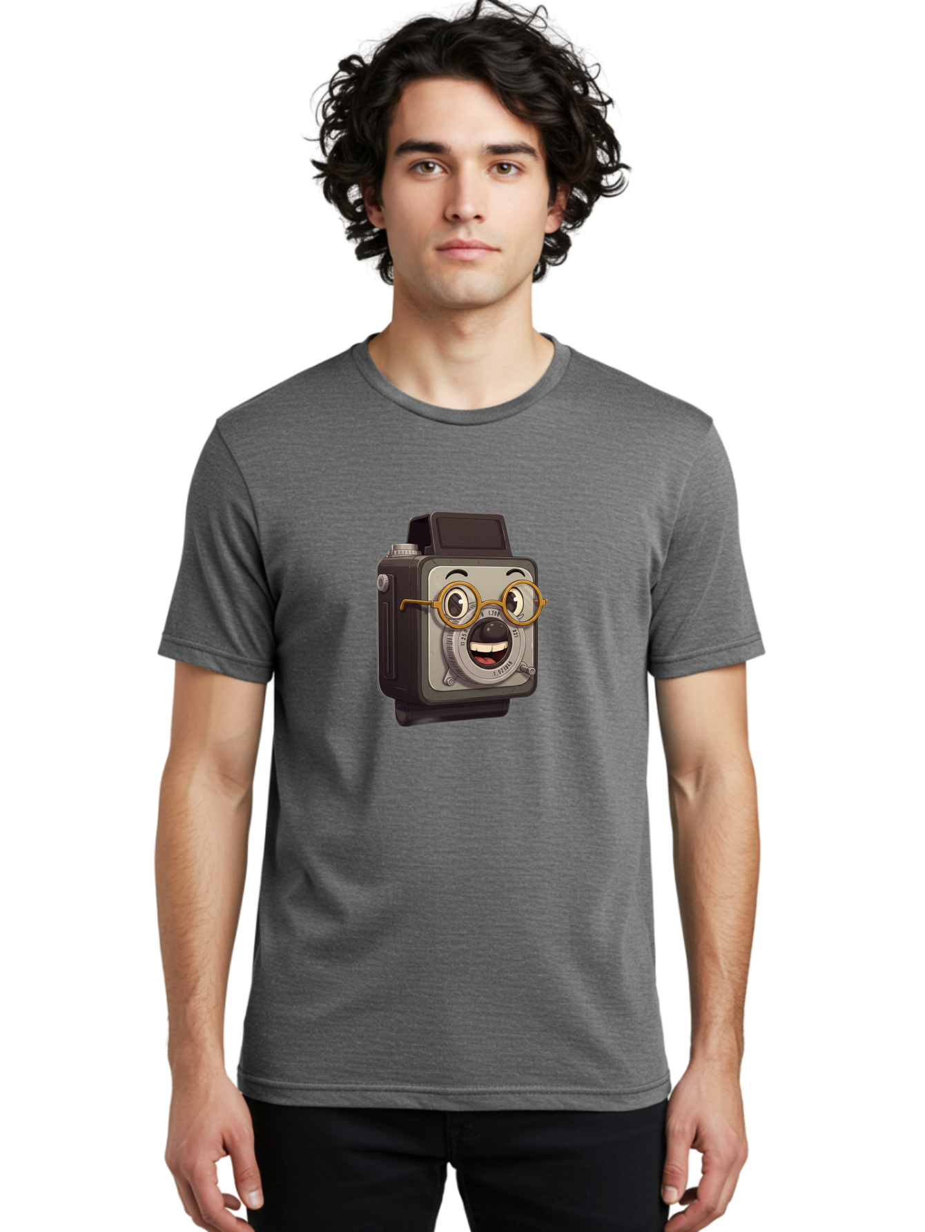 Camera-Character Men'S Graphic Tee, 100% Cotton, Comfortable Casual Summer Wear, Machine Washable, Cartoon Camera, Anthropomorphic Design, Funny Glasses, Goofy Expression, Comedic Character, Playful Illustration, Quirky Personality, Bae371