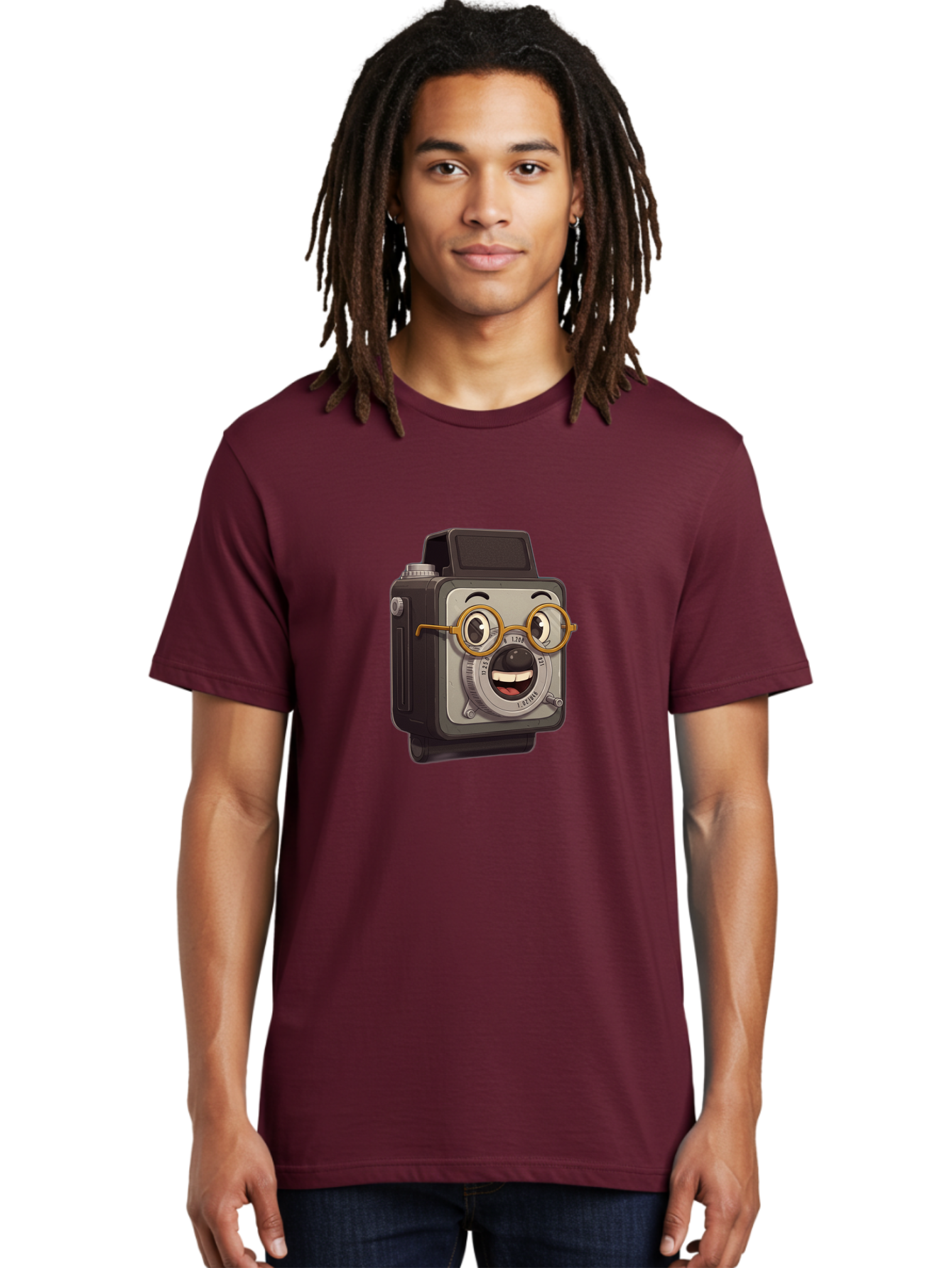 Camera-Character Men'S Graphic Tee, 100% Cotton, Comfortable Casual Summer Wear, Machine Washable, Cartoon Camera, Anthropomorphic Design, Funny Glasses, Goofy Expression, Comedic Character, Playful Illustration, Quirky Personality, Bae371