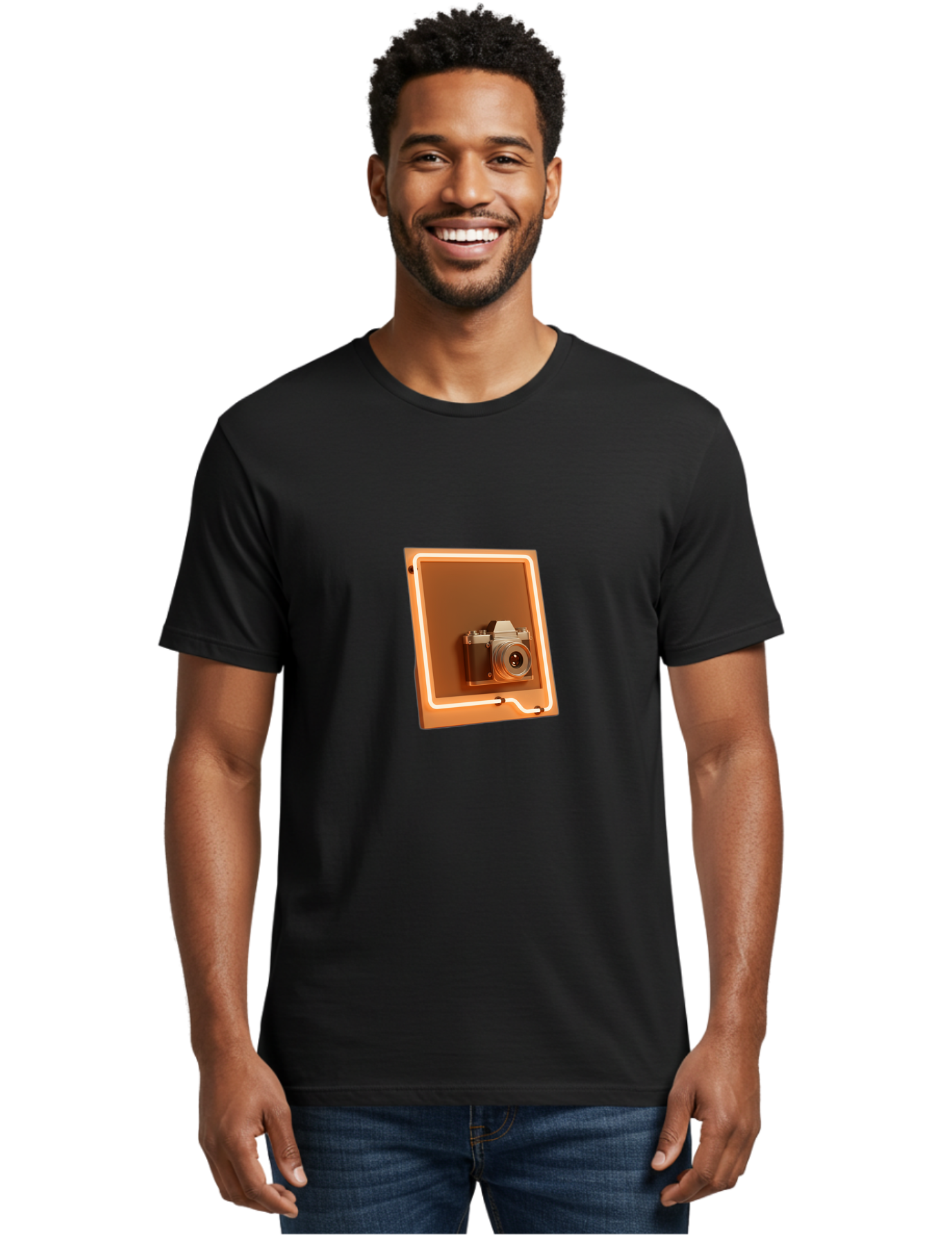Camera-On-Tablet Men'S Graphic Tee, 100% Cotton, Comfortable Casual Summer Wear, Machine Washable, Digital Camera On Screen, Neon Light, Orange Glow, Camera Lens, Modern Technology, Photography, Digital Display, Futuristic Design Bae372