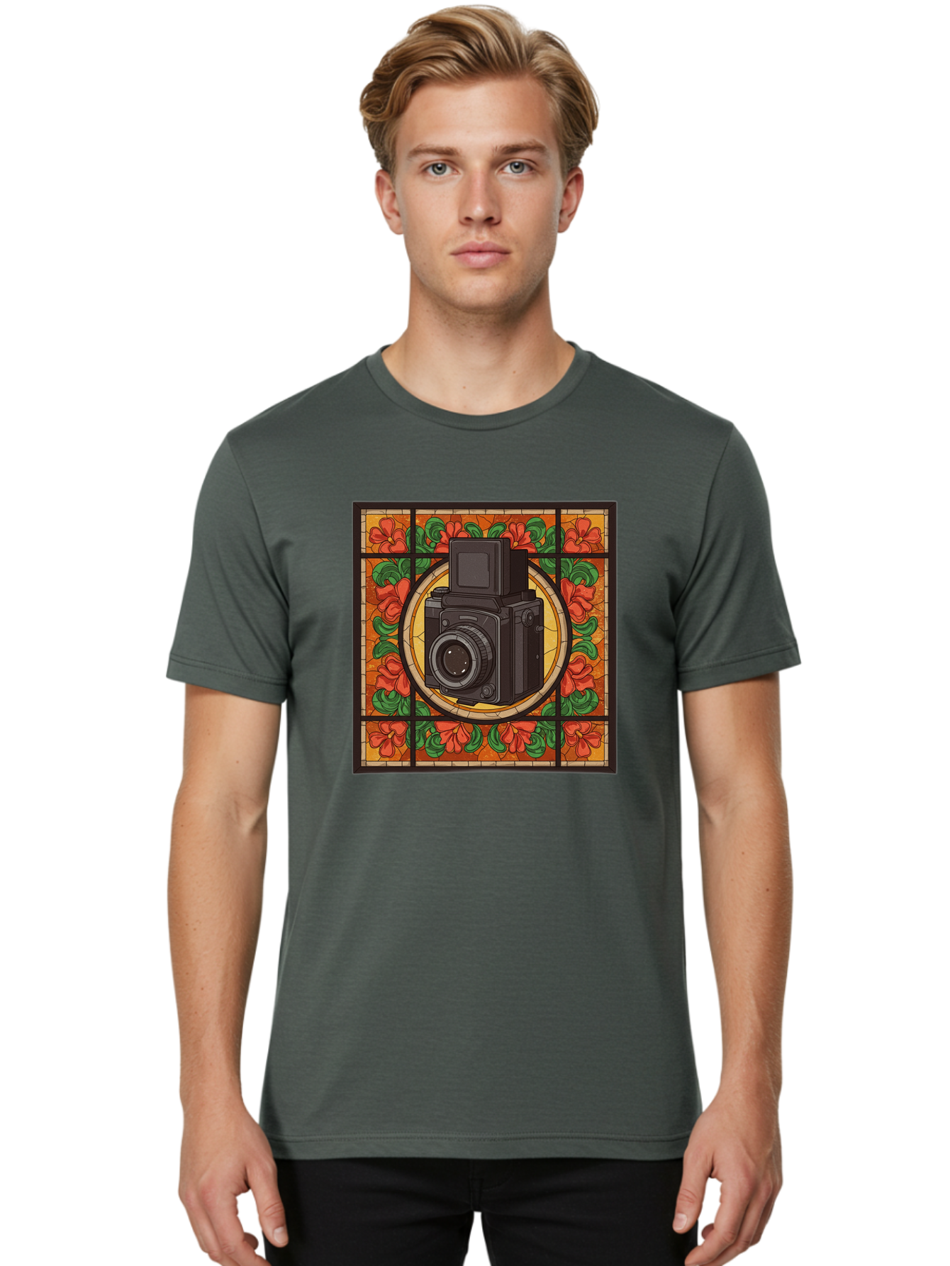 Camera-Stained-Glass Men'S Graphic Tee, 100% Cotton, Comfortable Casual Summer Wear, Machine Washable, Stained Glass Art, Vintage Camera, Floral Pattern, Red Flowers, Green Leaves, Yellow Background, Classic Design, Photography Theme, Bae373