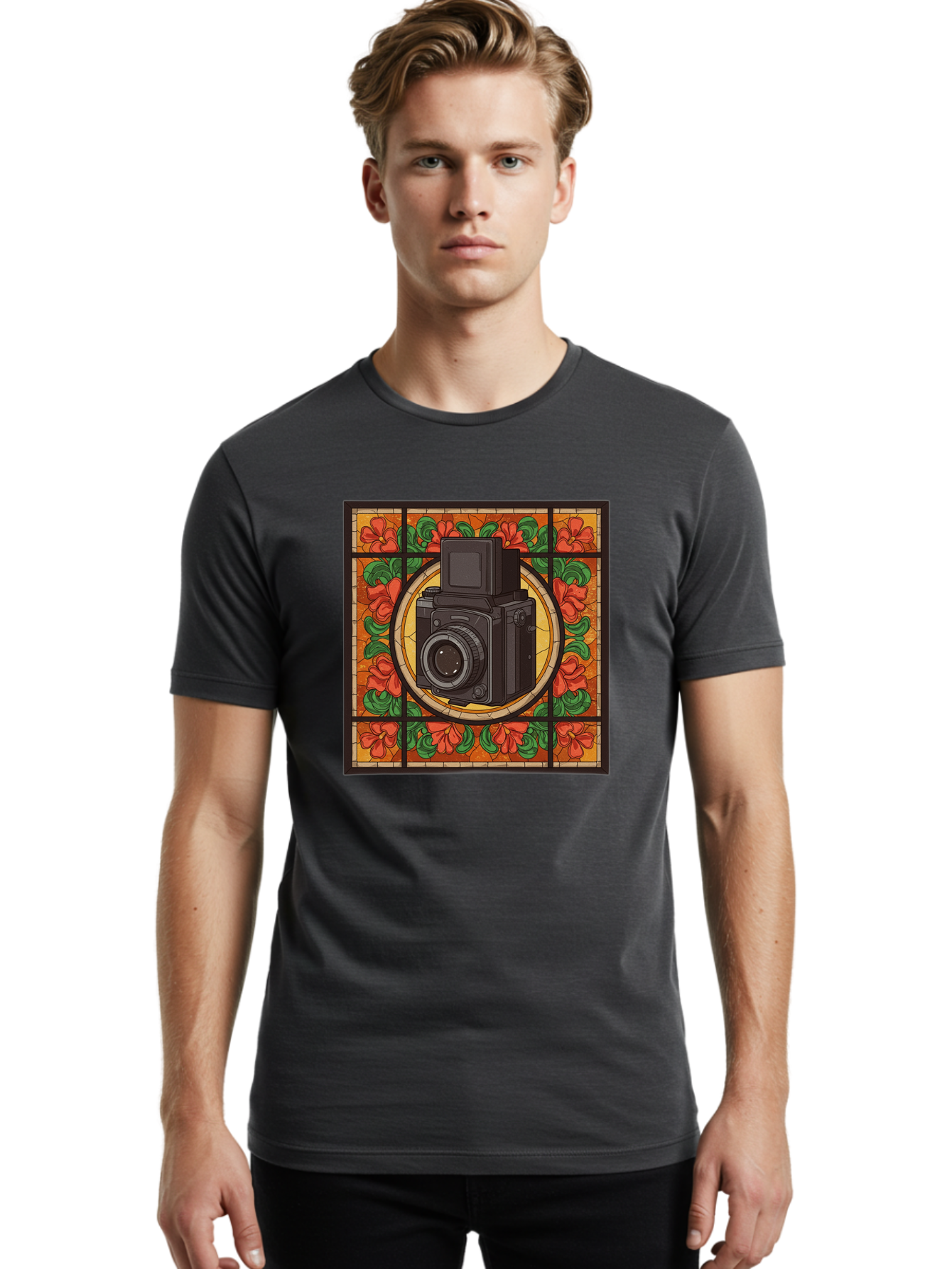 Camera-Stained-Glass Men'S Graphic Tee, 100% Cotton, Comfortable Casual Summer Wear, Machine Washable, Stained Glass Art, Vintage Camera, Floral Pattern, Red Flowers, Green Leaves, Yellow Background, Classic Design, Photography Theme, Bae373