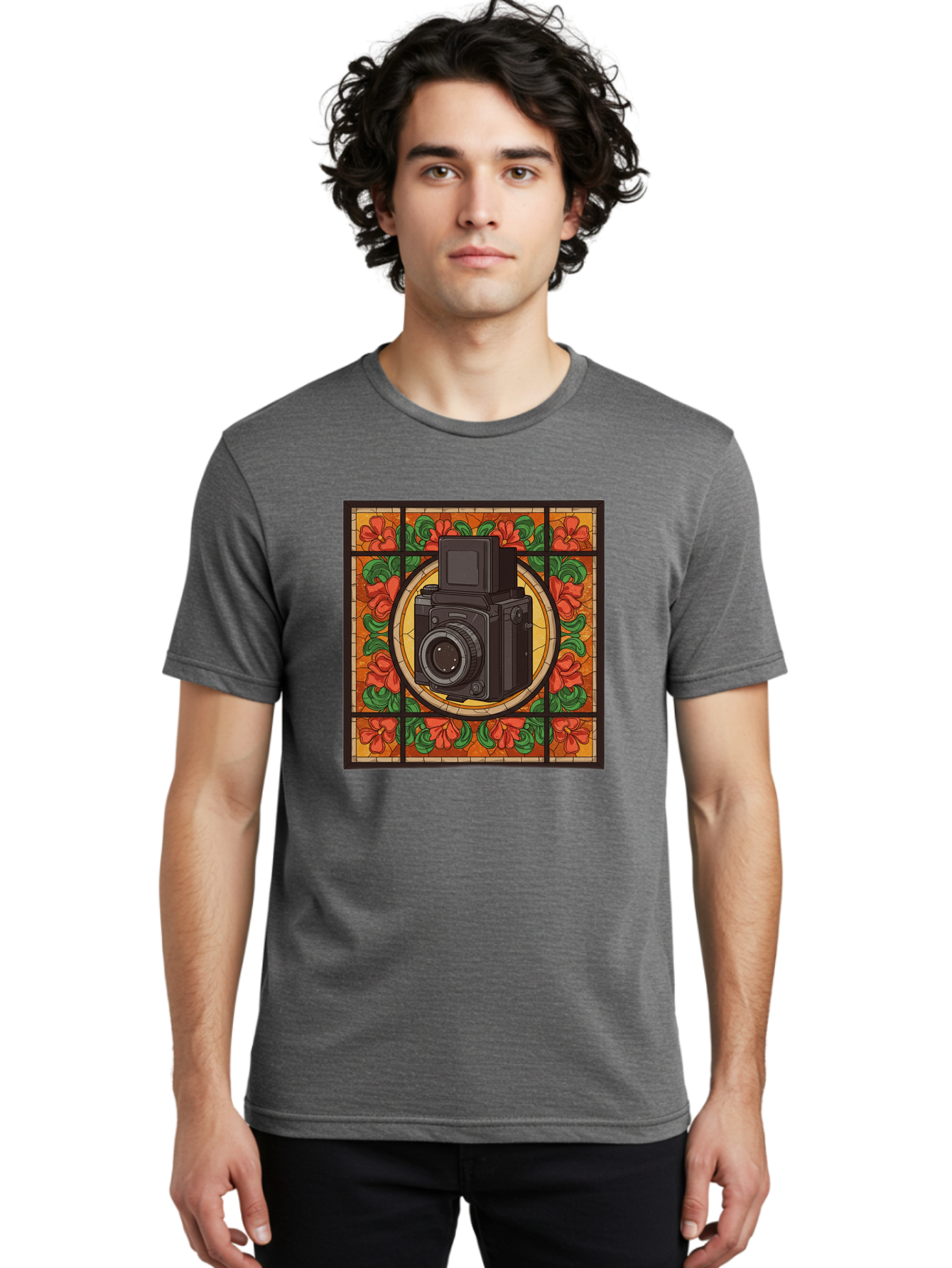 Camera-Stained-Glass Men'S Graphic Tee, 100% Cotton, Comfortable Casual Summer Wear, Machine Washable, Stained Glass Art, Vintage Camera, Floral Pattern, Red Flowers, Green Leaves, Yellow Background, Classic Design, Photography Theme, Bae373