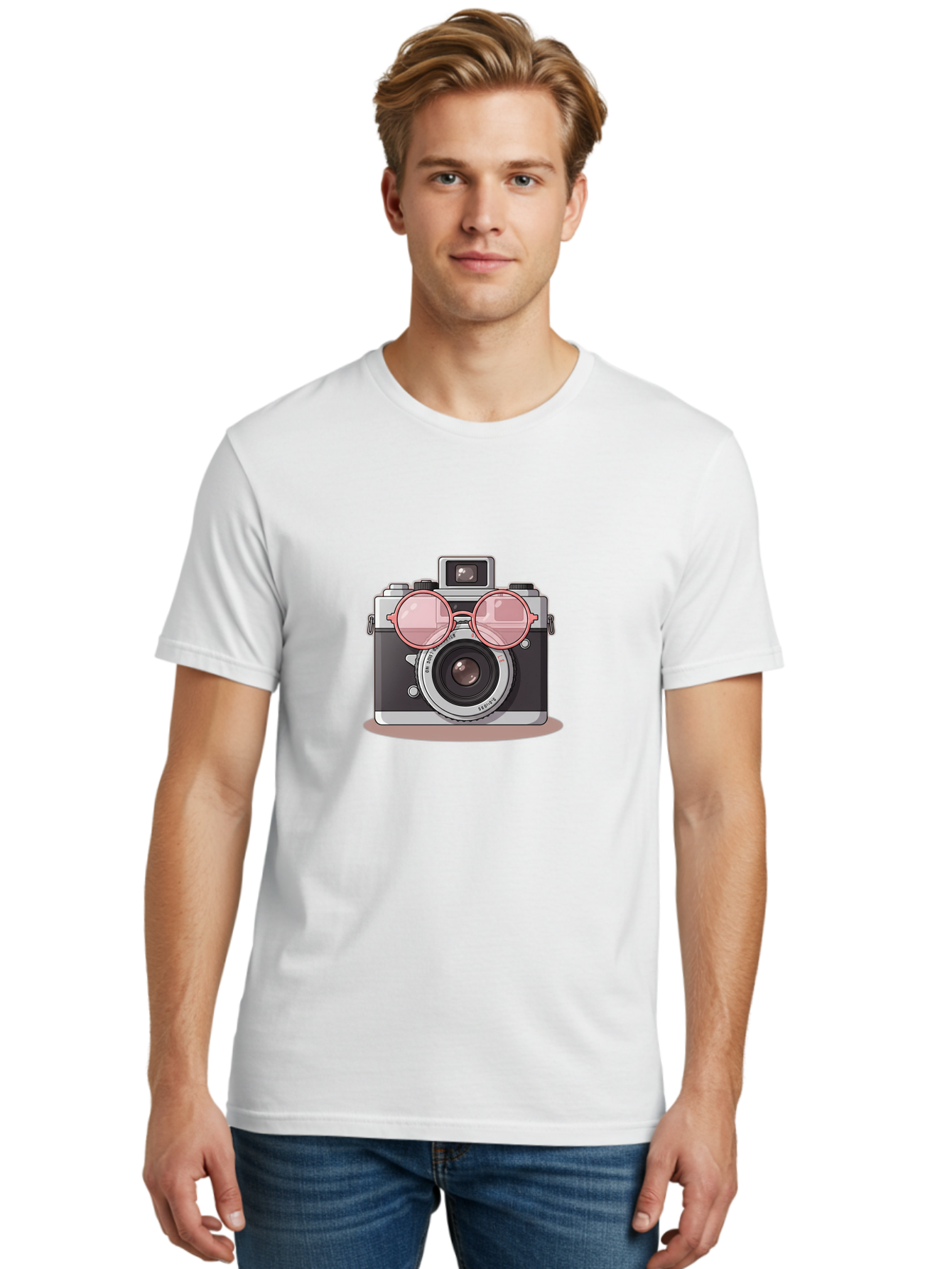 Camera-With-Glasses-2 Men'S Graphic Tee, 100% Cotton, Comfortable Casual Summer Wear, Machine Washable, Vintage Camera, Retro Photography, Cool Glasses, Lens Reflection, Classic Design, Camera Accessories, Stylish Photography Equipment, Bae375