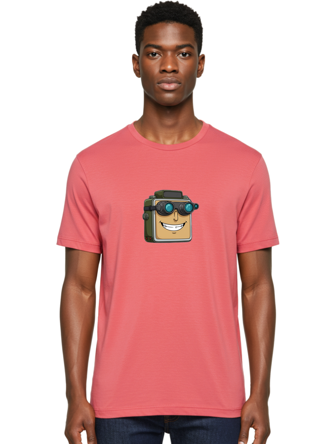 Camera-With-Goggles Men'S Graphic Tee, 100% Cotton, Comfortable Casual Summer Wear, Machine Washable, Cartoon Camera, Smiling Camera, Goggles On Camera, Futuristic Technology, Camera Character, Playful Illustration, Tech Gadget, Bae377