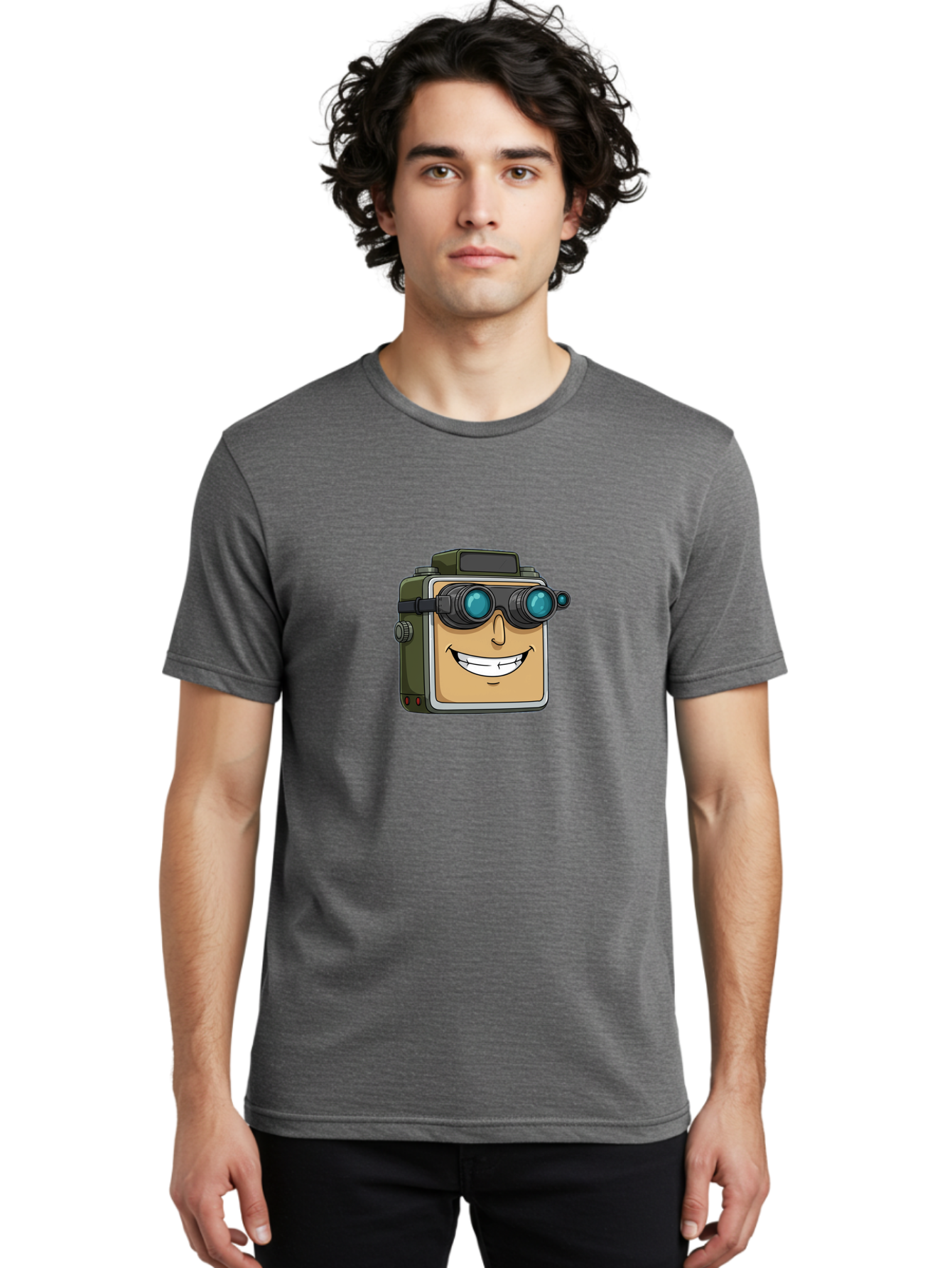 Camera-With-Goggles Men'S Graphic Tee, 100% Cotton, Comfortable Casual Summer Wear, Machine Washable, Cartoon Camera, Smiling Camera, Goggles On Camera, Futuristic Technology, Camera Character, Playful Illustration, Tech Gadget, Bae377