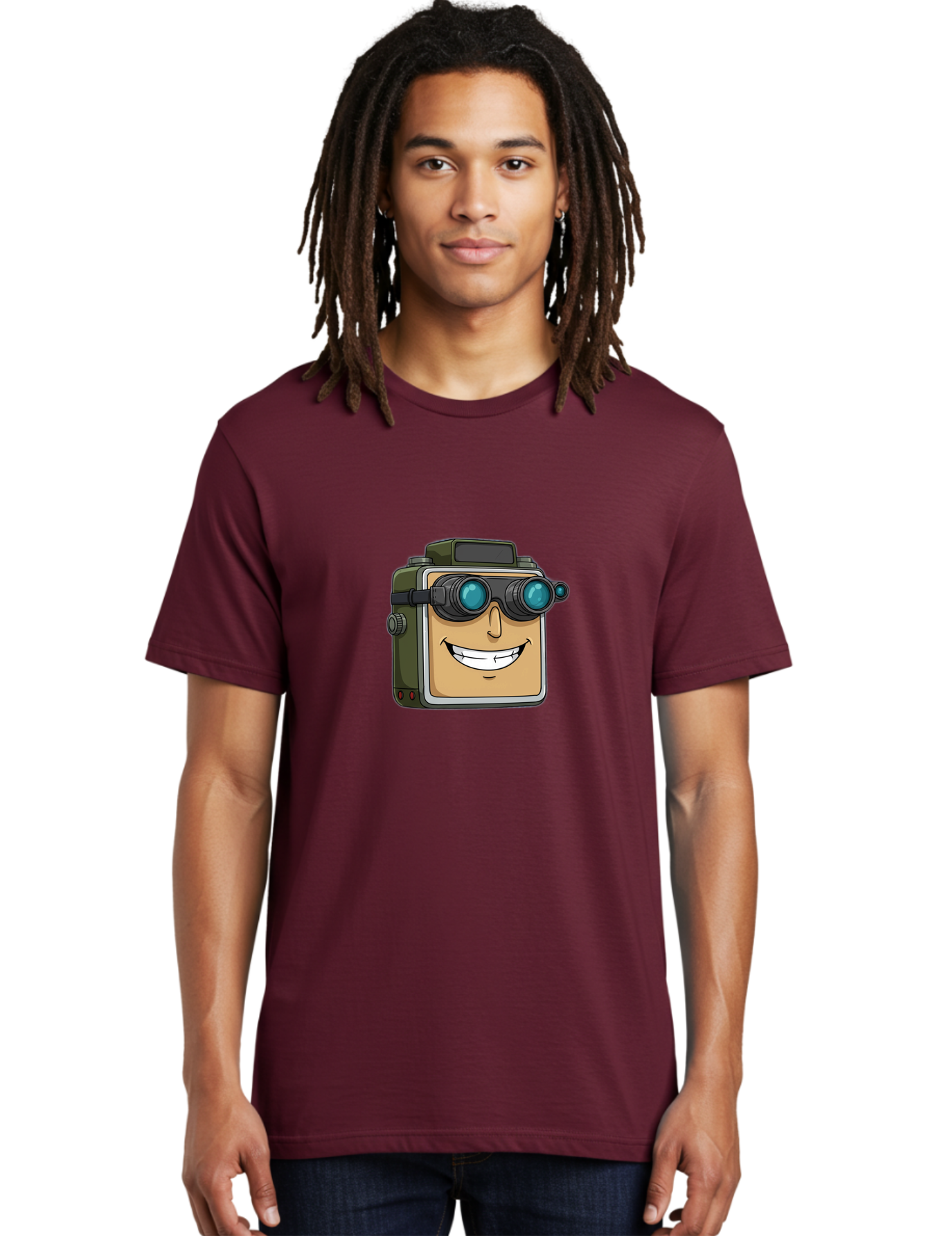 Camera-With-Goggles Men'S Graphic Tee, 100% Cotton, Comfortable Casual Summer Wear, Machine Washable, Cartoon Camera, Smiling Camera, Goggles On Camera, Futuristic Technology, Camera Character, Playful Illustration, Tech Gadget, Bae377