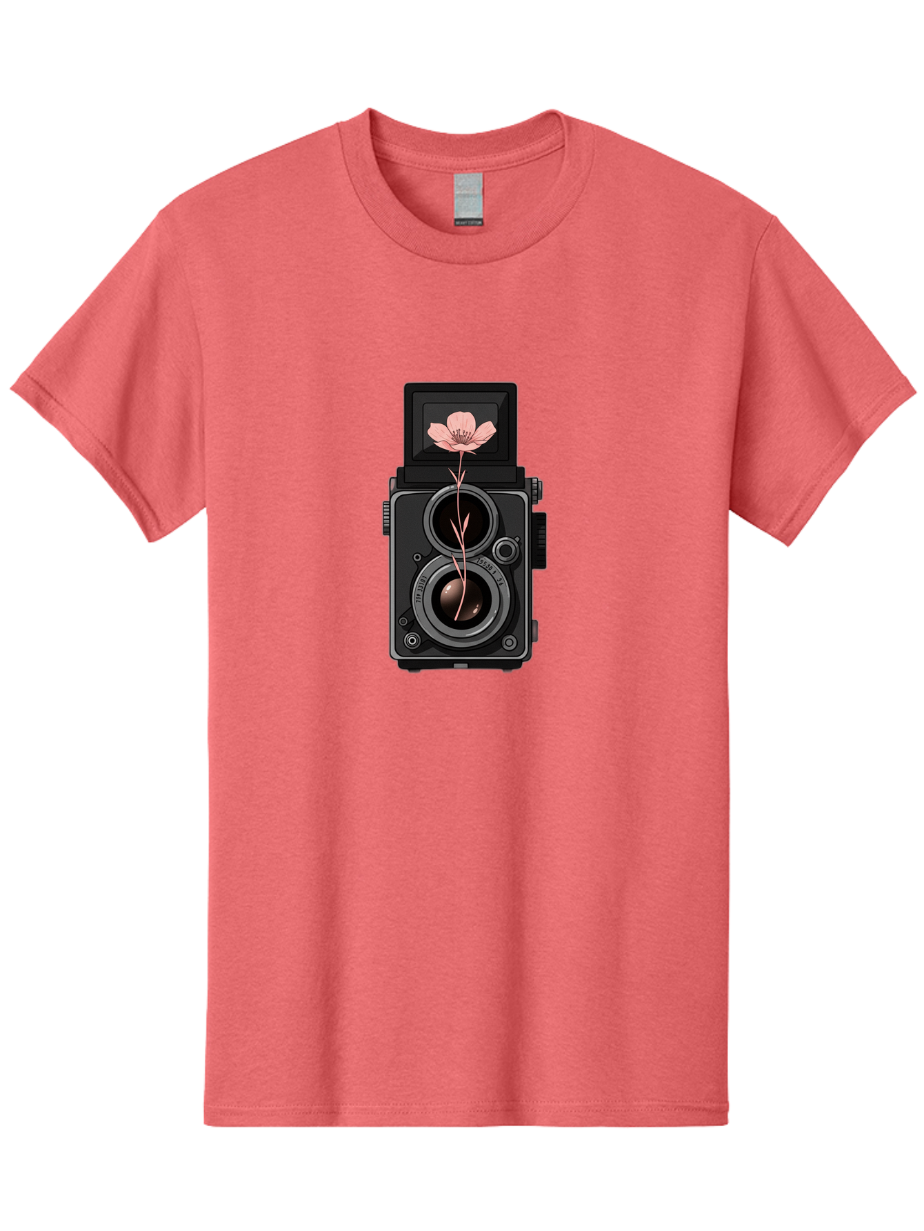 Camera-With-Pink-Flower Men'S Graphic Tee, 100% Cotton, Comfortable Casual Summer Wear, Machine Washable, Vintage Camera, Photography Equipment, Pink Flower, Hasselblad, Twin Lens Reflex, Classic Design, Photography Art, Floral Theme, Bae378