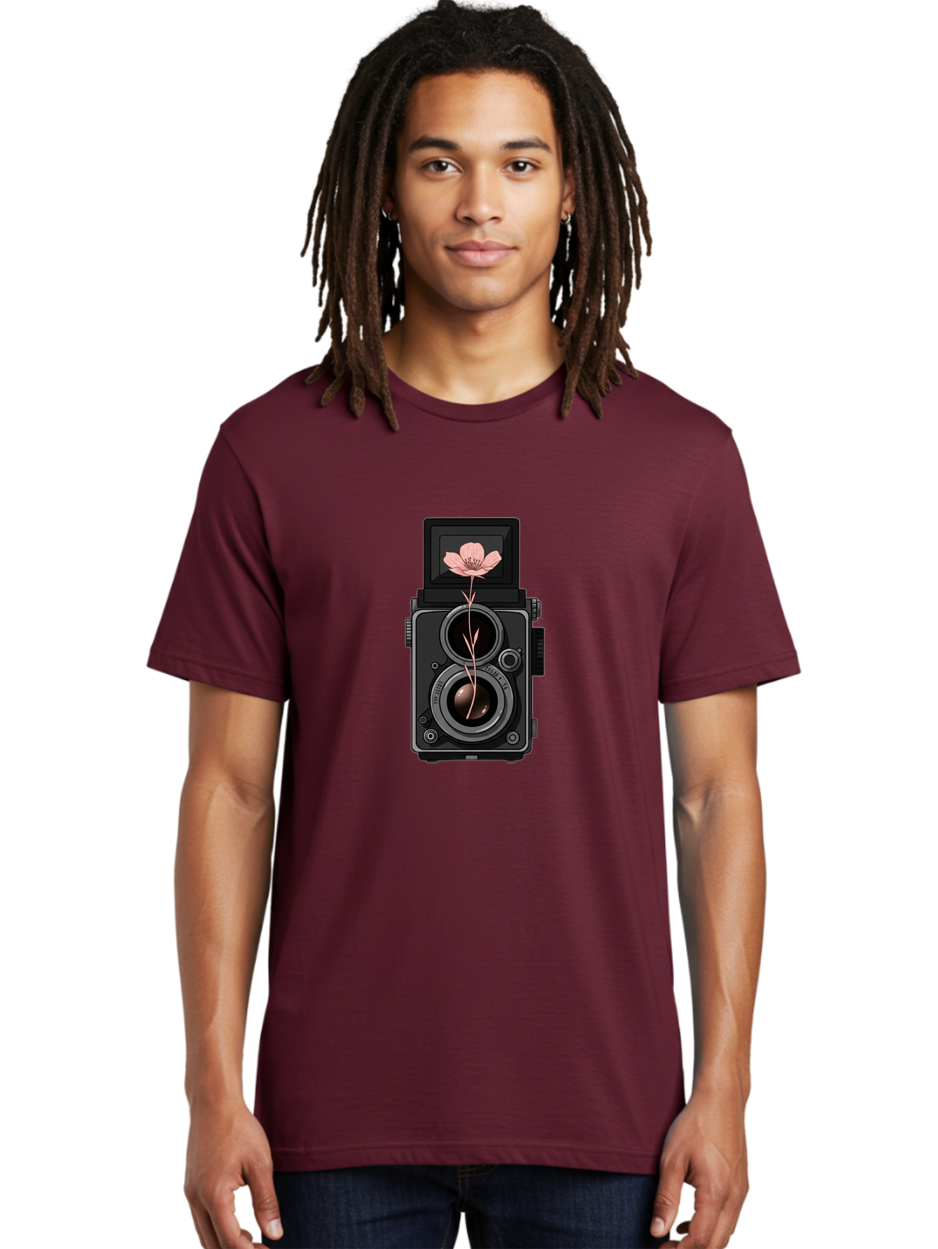Camera-With-Pink-Flower Men'S Graphic Tee, 100% Cotton, Comfortable Casual Summer Wear, Machine Washable, Vintage Camera, Photography Equipment, Pink Flower, Hasselblad, Twin Lens Reflex, Classic Design, Photography Art, Floral Theme, Bae378