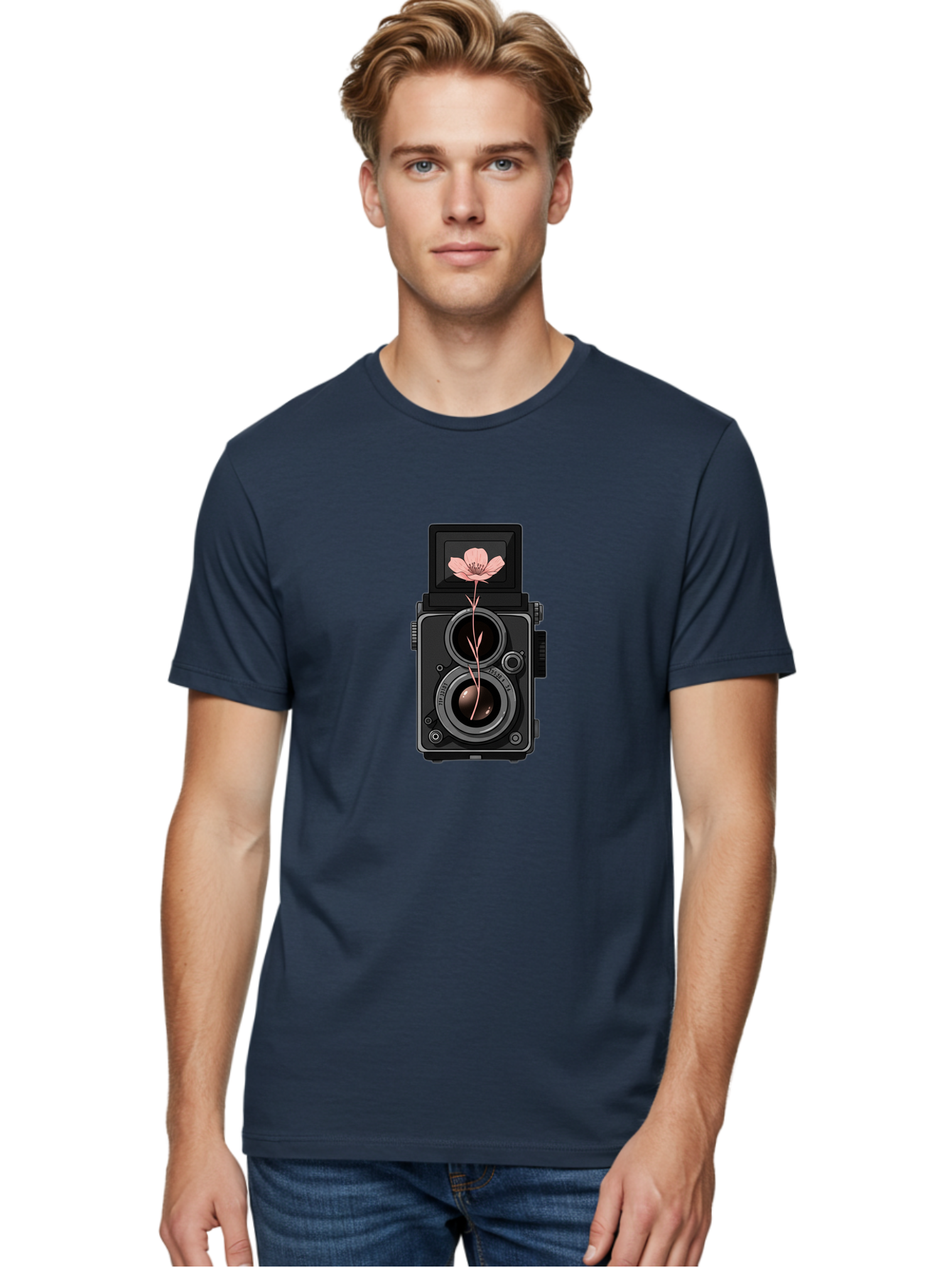 Camera-With-Pink-Flower Men'S Graphic Tee, 100% Cotton, Comfortable Casual Summer Wear, Machine Washable, Vintage Camera, Photography Equipment, Pink Flower, Hasselblad, Twin Lens Reflex, Classic Design, Photography Art, Floral Theme, Bae378