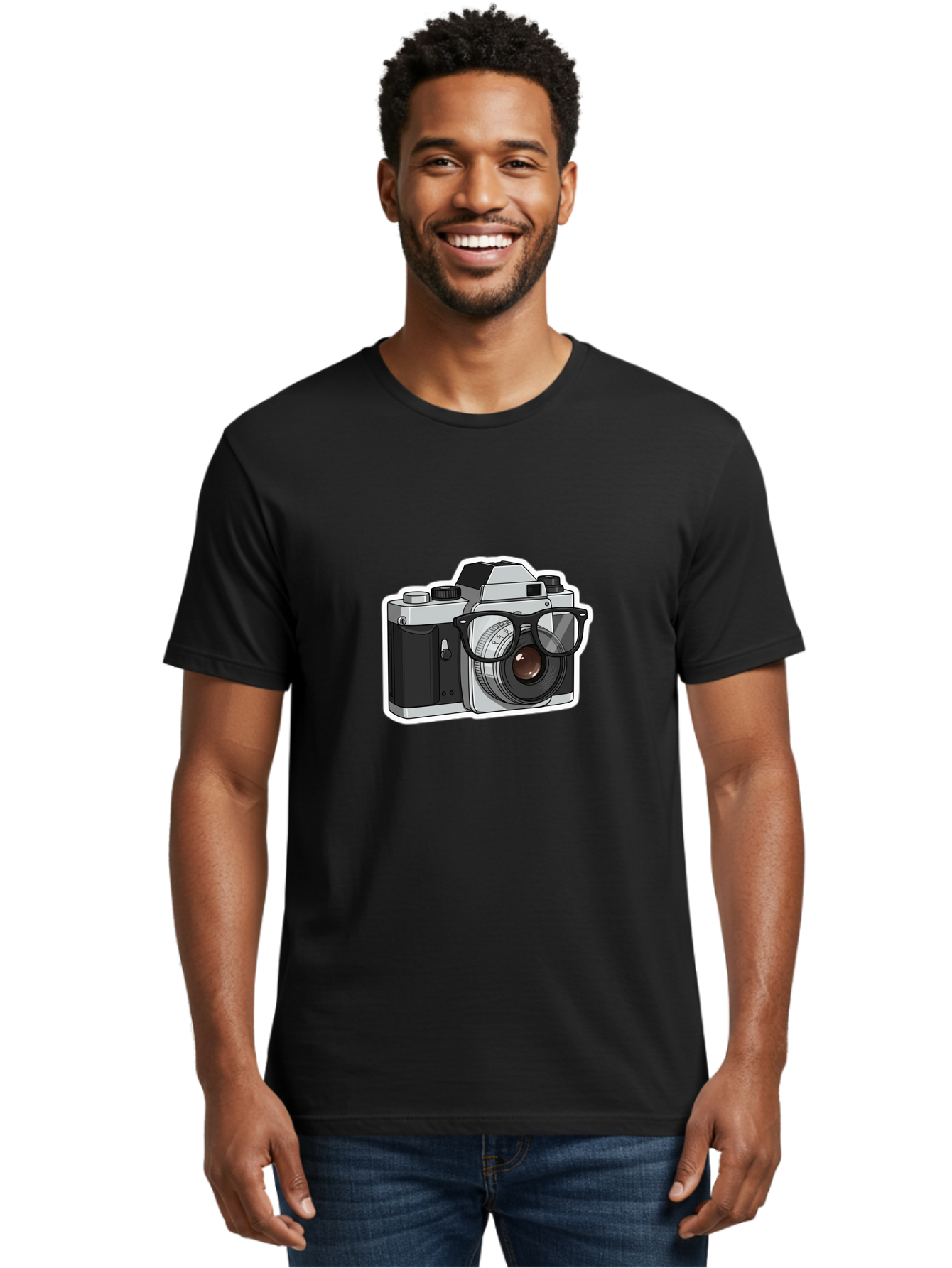 Camera-With-Shades Men'S Graphic Tee, 100% Cotton, Comfortable Casual Summer Wear, Machine Washable, Camera Wearing Sunglasses, Photography Gear, Stylish Accessory, Cool Camera, Funky Design, Creative Twist, Photography Equipment Bae379