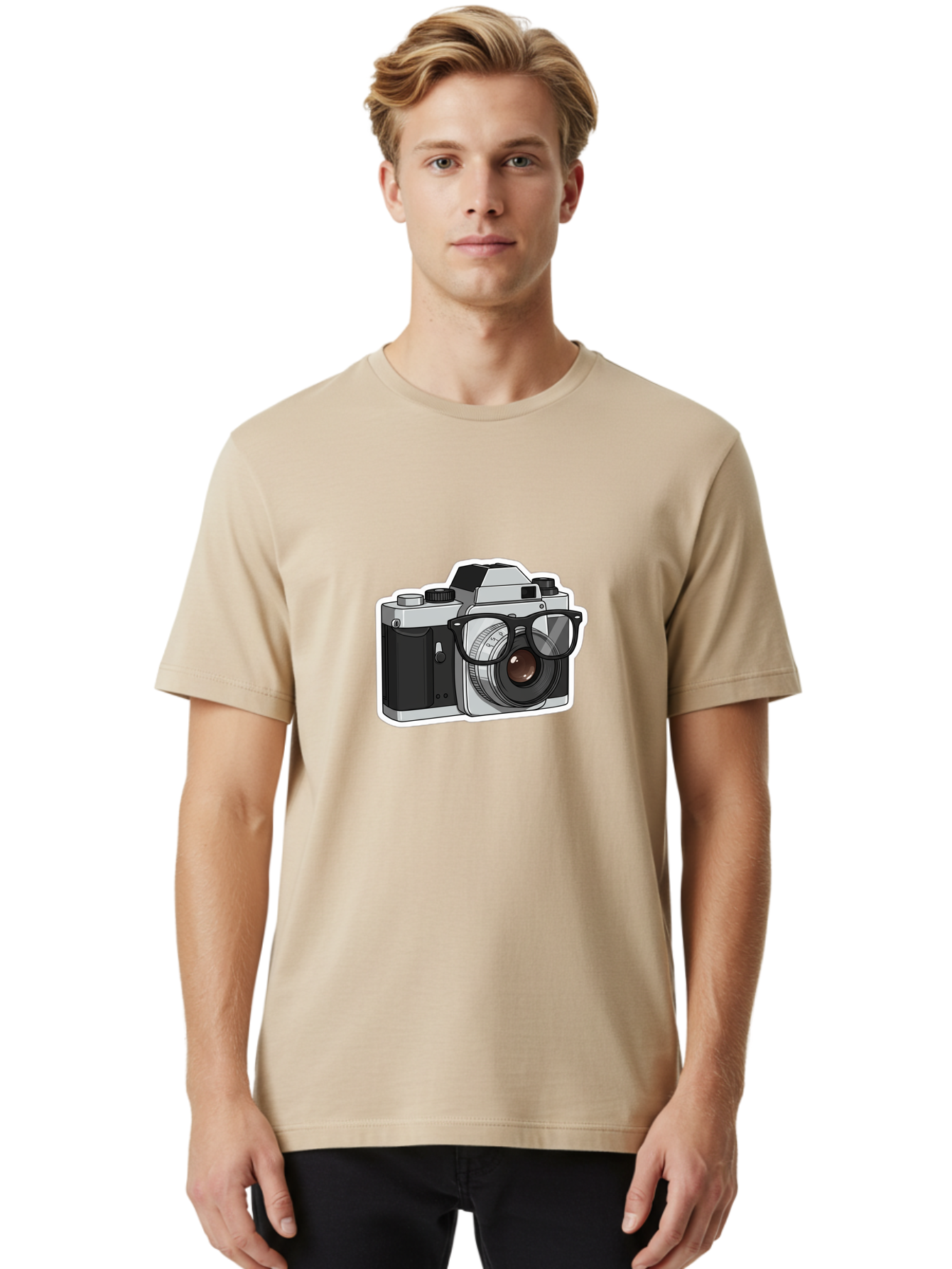 Camera-With-Shades Men'S Graphic Tee, 100% Cotton, Comfortable Casual Summer Wear, Machine Washable, Camera Wearing Sunglasses, Photography Gear, Stylish Accessory, Cool Camera, Funky Design, Creative Twist, Photography Equipment Bae379