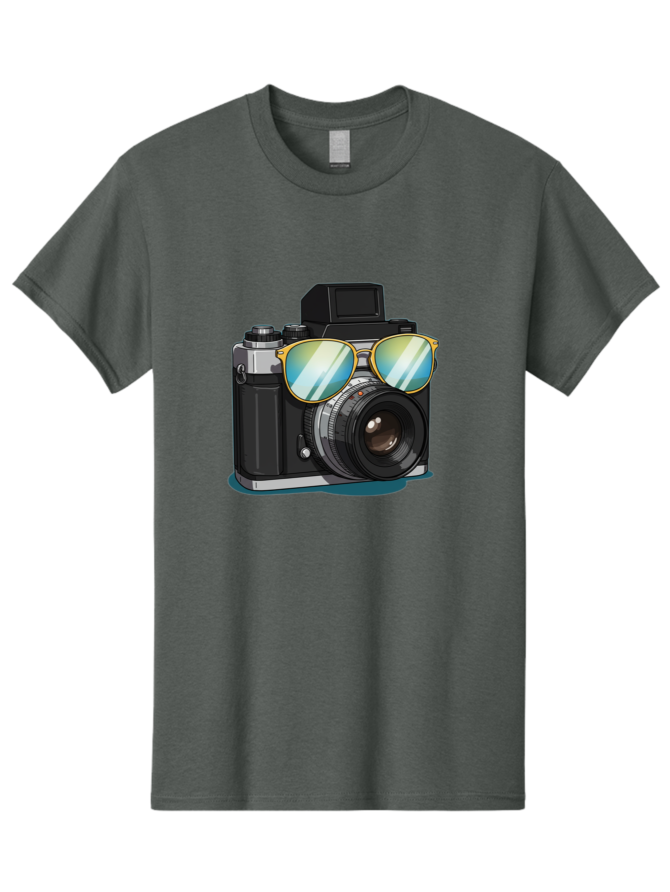 Camera-With-Sunglasses-1 Men'S Graphic Tee, 100% Cotton, Comfortable Casual Summer Wear, Machine Washable, Vintage Camera, Camera With Sunglasses, Cool Camera, Retro Photography, Stylish Accessories, Fashion Photography, Photography Equipment, Bae380