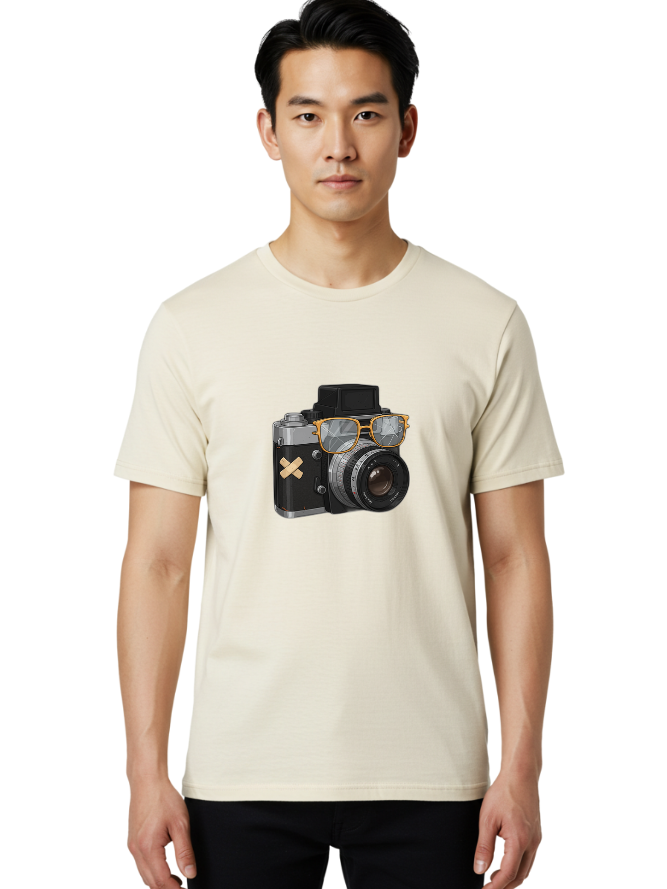 Camera-With-Sunglasses Men'S Graphic Tee, 100% Cotton, Comfortable Casual Summer Wear, Machine Washable, Vintage Camera, Camera With Sunglasses, Retro Style, Camera Accessories, Photography Equipment, Cool Camera, Hipster Camera, Bae381