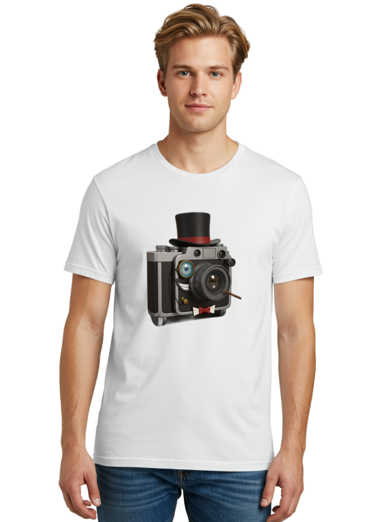 Camera-With-Top-Hat-And-Cane Men'S Graphic Tee, 100% Cotton, Comfortable Casual Summer Wear, Machine Washable, Vintage Camera, Top Hat, Bow Tie, Monocle, Sophisticated Photography, Retro Style, Gentlemanly Elegance, Classic Accessories, Bae382