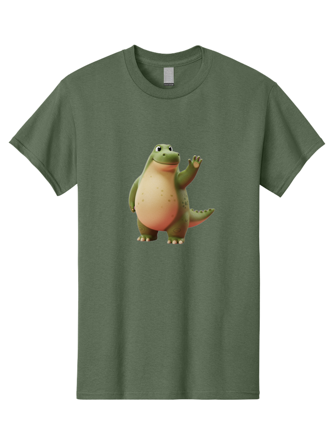 Cartoon-Dinosaur-1 Men'S Graphic Tee, 100% Cotton, Comfortable Casual Summer Wear, Machine Washable, Cartoon Crocodile, Friendly Alligator, Waving Reptile, Green Scaly Skin, Spotted Belly, Animated Character, Children'S Illustration, Bae388