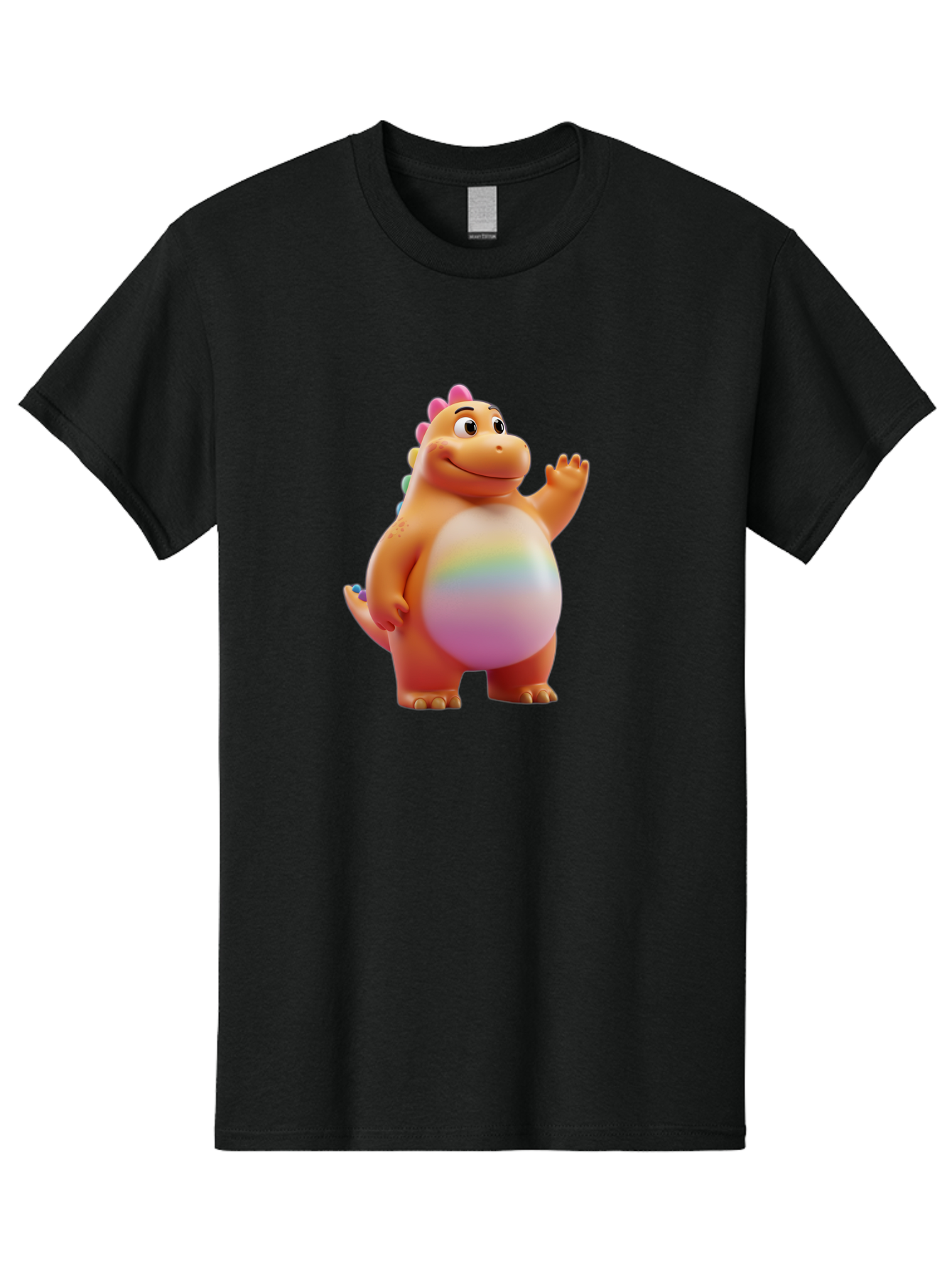 Cartoon-Dinosaur-3 Men'S Graphic Tee, 100% Cotton, Comfortable Casual Summer Wear, Machine Washable, Cartoon Dinosaur, Orange Dinosaur, Friendly Creature, Smiling Face, Waving Hand, Colorful Spines, Rainbow Belly, Animated Character, Bae390
