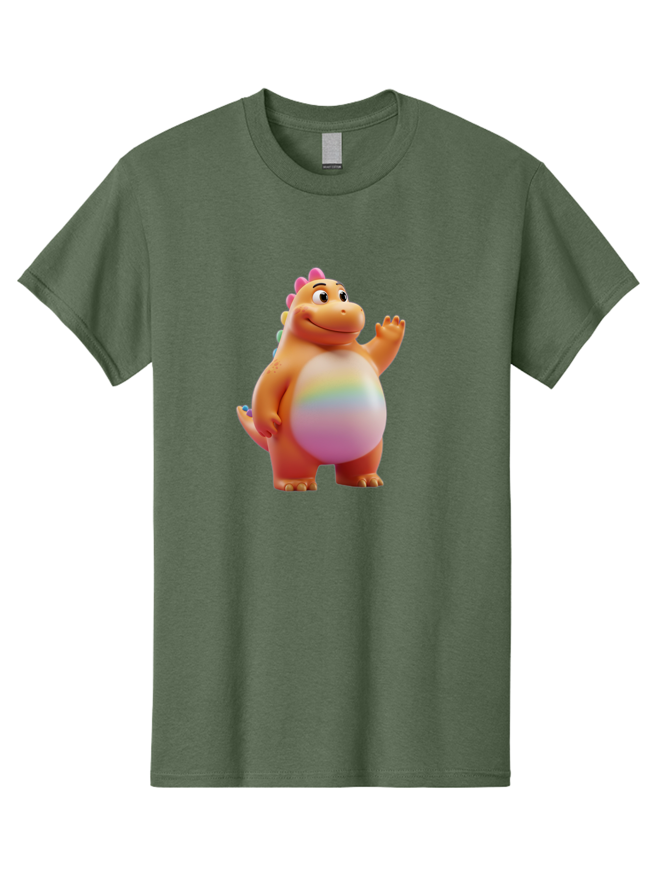 Cartoon-Dinosaur-3 Men'S Graphic Tee, 100% Cotton, Comfortable Casual Summer Wear, Machine Washable, Cartoon Dinosaur, Orange Dinosaur, Friendly Creature, Smiling Face, Waving Hand, Colorful Spines, Rainbow Belly, Animated Character, Bae390