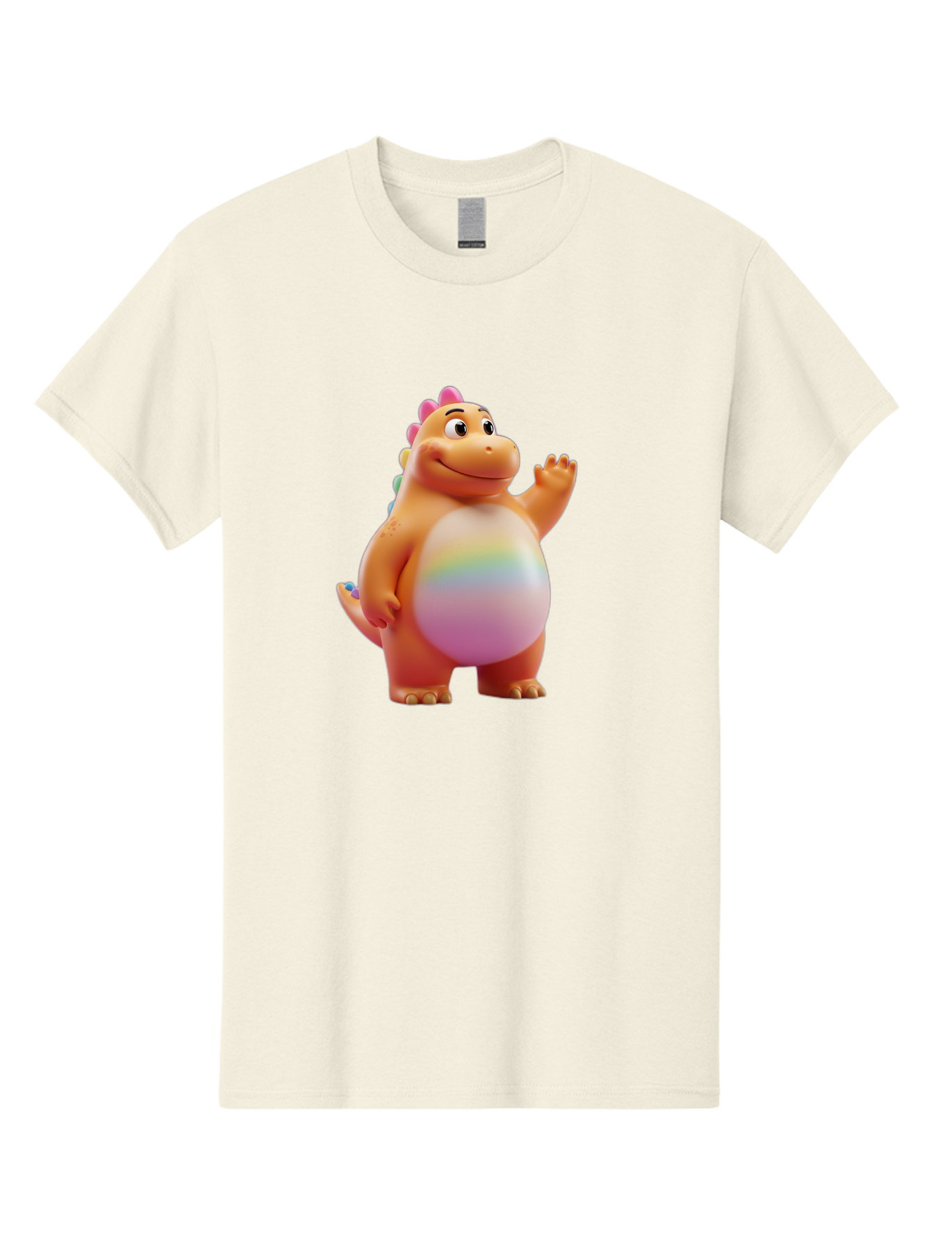 Cartoon-Dinosaur-3 Men'S Graphic Tee, 100% Cotton, Comfortable Casual Summer Wear, Machine Washable, Cartoon Dinosaur, Orange Dinosaur, Friendly Creature, Smiling Face, Waving Hand, Colorful Spines, Rainbow Belly, Animated Character, Bae390