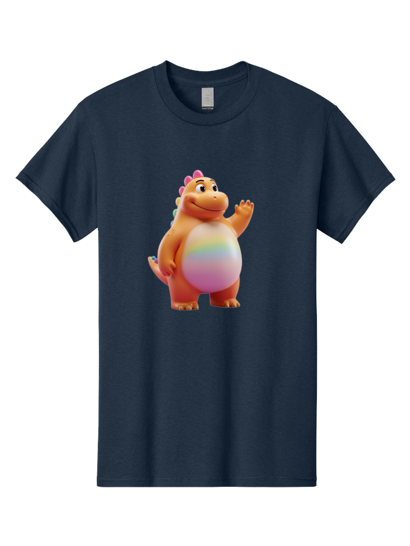 Cartoon-Dinosaur-3 Men'S Graphic Tee, 100% Cotton, Comfortable Casual Summer Wear, Machine Washable, Cartoon Dinosaur, Orange Dinosaur, Friendly Creature, Smiling Face, Waving Hand, Colorful Spines, Rainbow Belly, Animated Character, Bae390
