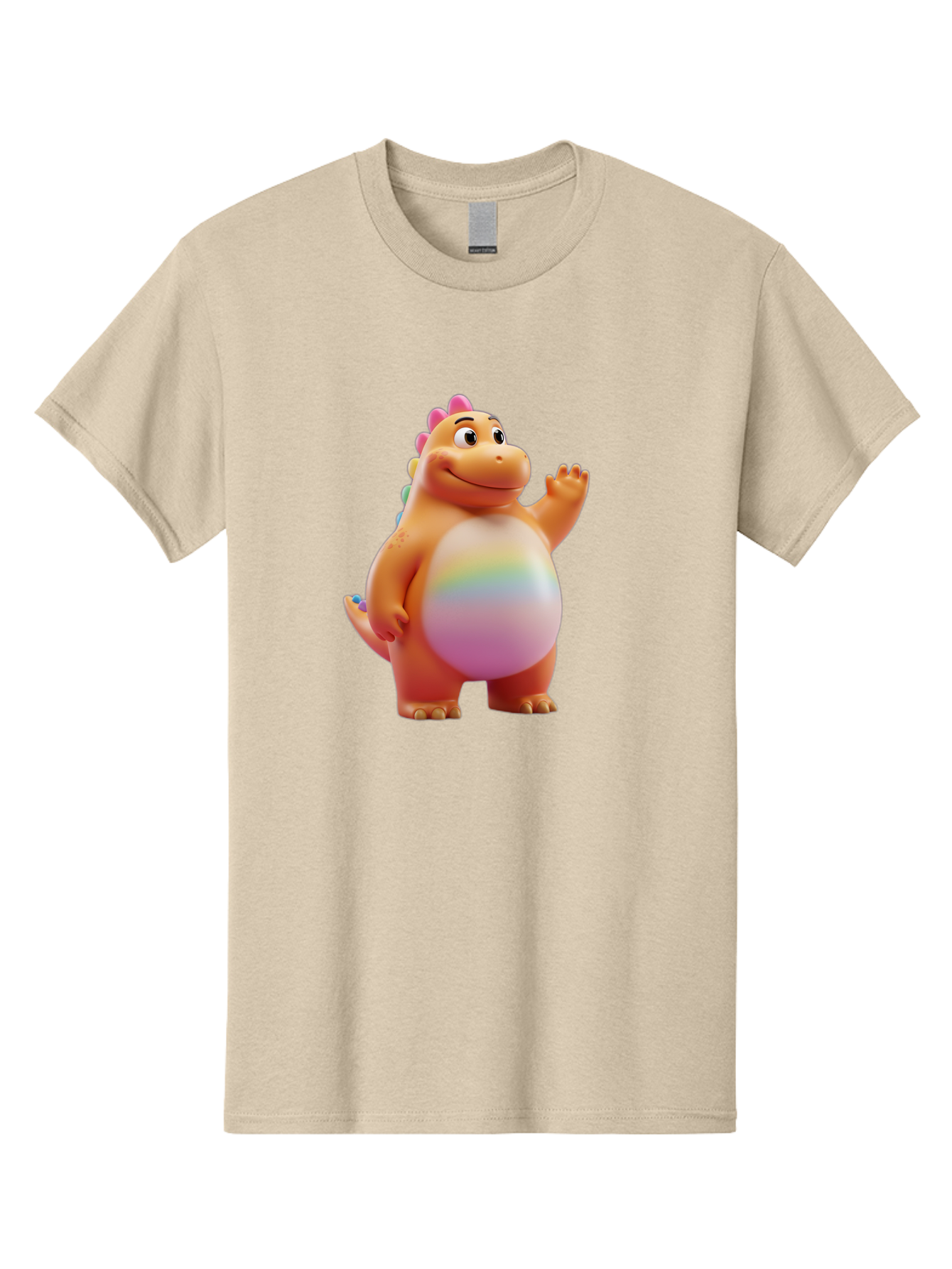 Cartoon-Dinosaur-3 Men'S Graphic Tee, 100% Cotton, Comfortable Casual Summer Wear, Machine Washable, Cartoon Dinosaur, Orange Dinosaur, Friendly Creature, Smiling Face, Waving Hand, Colorful Spines, Rainbow Belly, Animated Character, Bae390