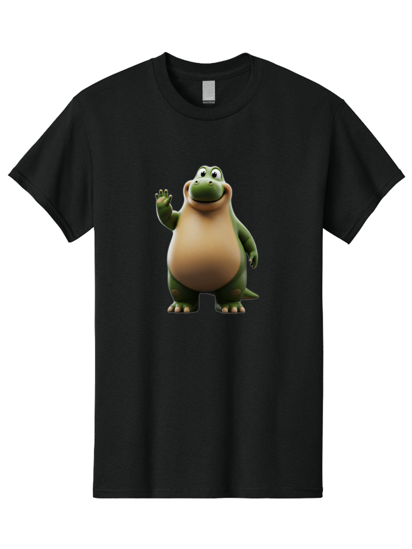 Cartoon-Dinosaur Men'S Graphic Tee, 100% Cotton, Comfortable Casual Summer Wear, Machine Washable, Cartoon Dinosaur, Friendly T-Rex, Green And Tan, Waving Hand, Smiling Face, Animated Character, Children'S Illustration, Prehistoric Creature, Bae391