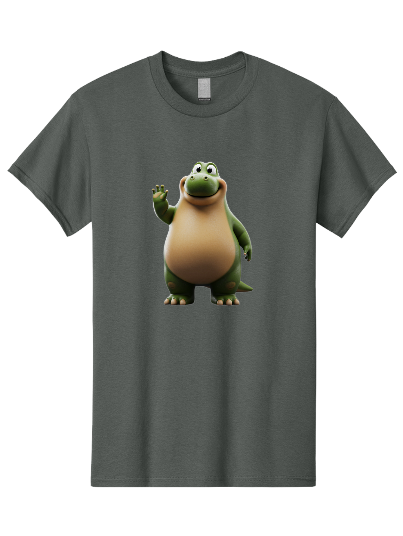 Cartoon-Dinosaur Men'S Graphic Tee, 100% Cotton, Comfortable Casual Summer Wear, Machine Washable, Cartoon Dinosaur, Friendly T-Rex, Green And Tan, Waving Hand, Smiling Face, Animated Character, Children'S Illustration, Prehistoric Creature, Bae391