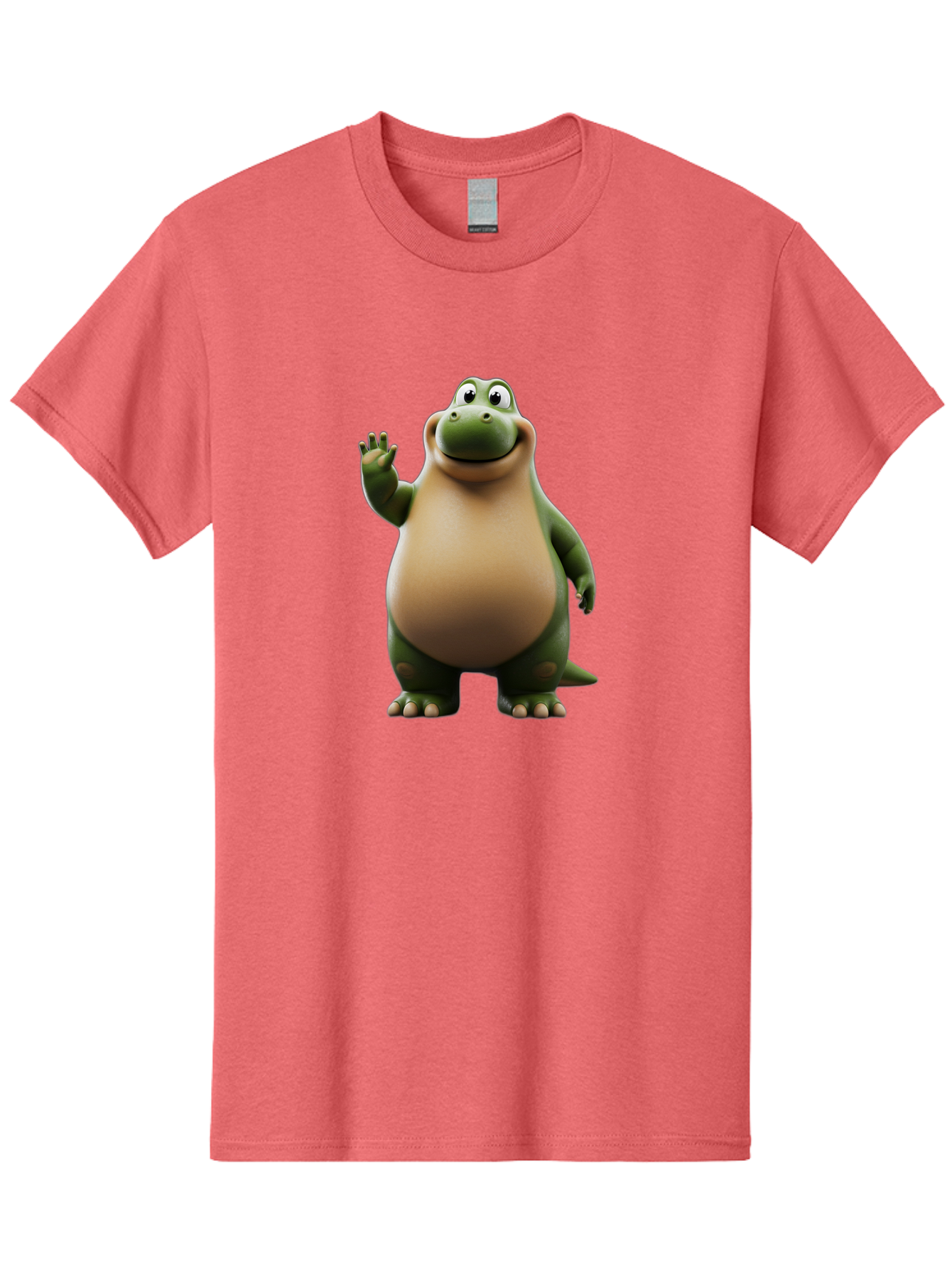 Cartoon-Dinosaur Men'S Graphic Tee, 100% Cotton, Comfortable Casual Summer Wear, Machine Washable, Cartoon Dinosaur, Friendly T-Rex, Green And Tan, Waving Hand, Smiling Face, Animated Character, Children'S Illustration, Prehistoric Creature, Bae391