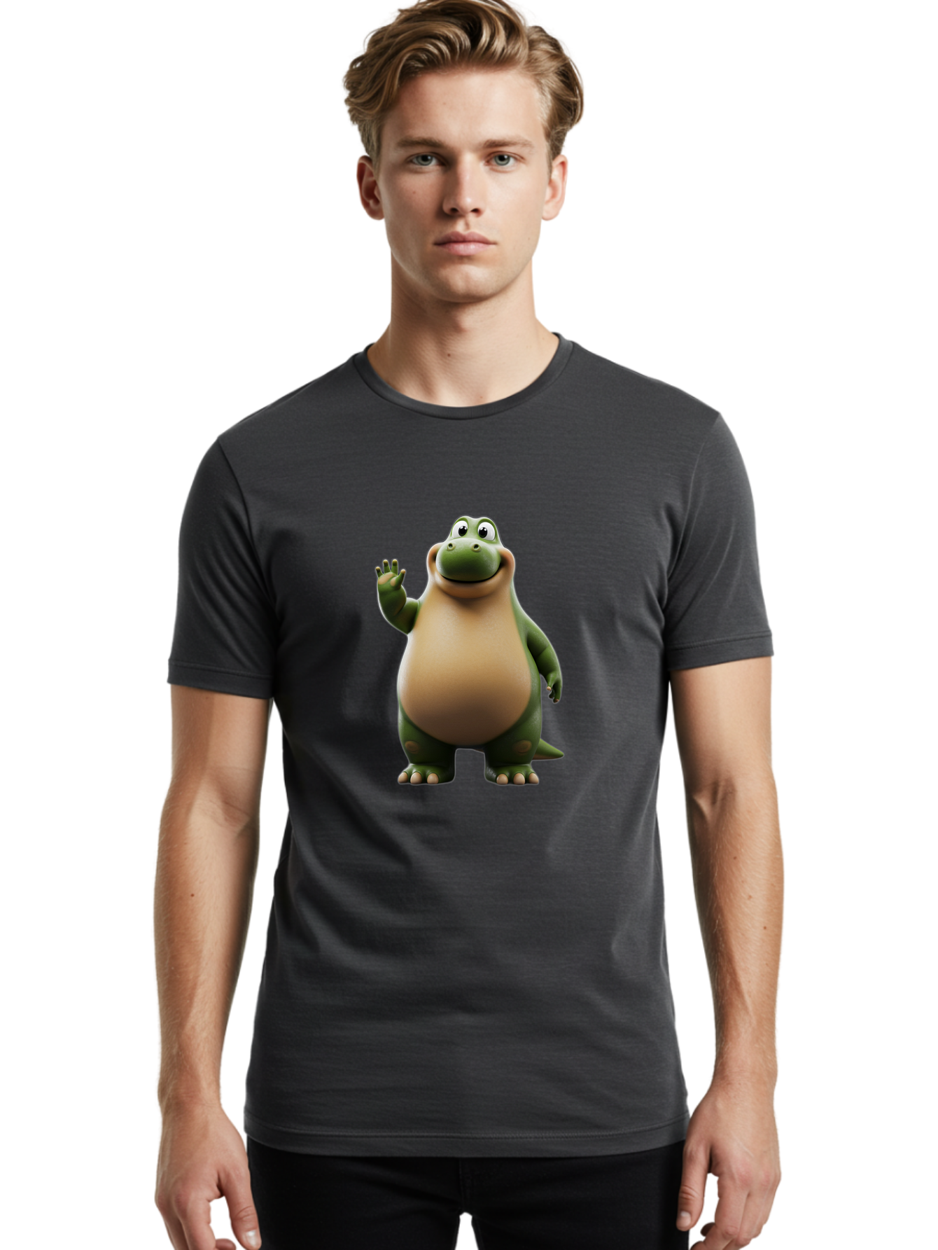 Cartoon-Dinosaur Men'S Graphic Tee, 100% Cotton, Comfortable Casual Summer Wear, Machine Washable, Cartoon Dinosaur, Friendly T-Rex, Green And Tan, Waving Hand, Smiling Face, Animated Character, Children'S Illustration, Prehistoric Creature, Bae391