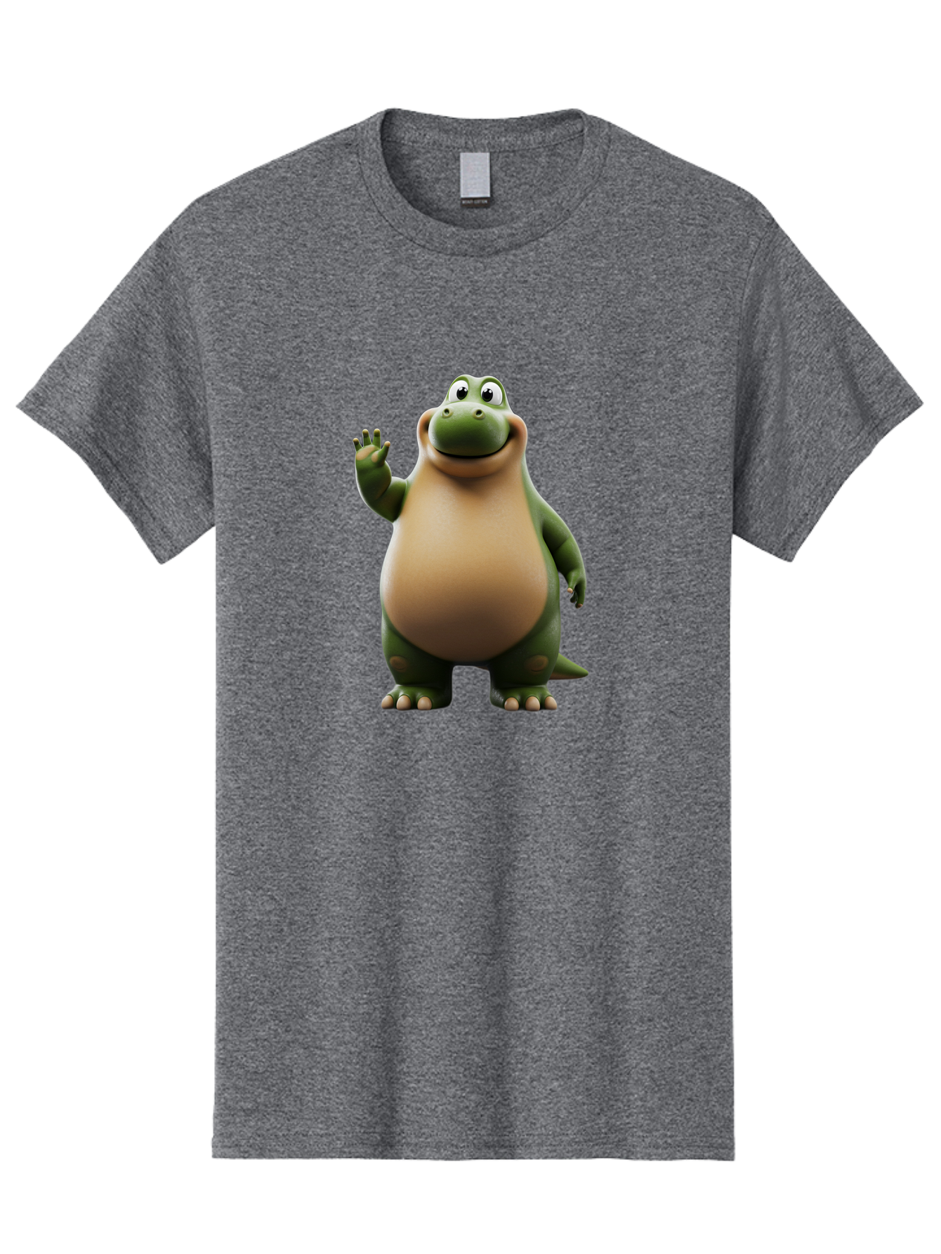Cartoon-Dinosaur Men'S Graphic Tee, 100% Cotton, Comfortable Casual Summer Wear, Machine Washable, Cartoon Dinosaur, Friendly T-Rex, Green And Tan, Waving Hand, Smiling Face, Animated Character, Children'S Illustration, Prehistoric Creature, Bae391