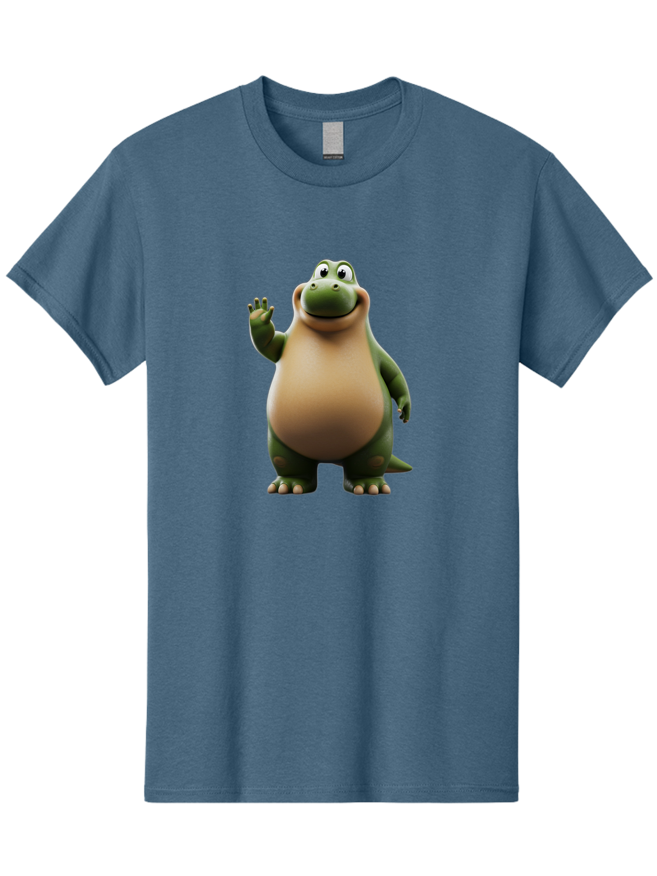 Cartoon-Dinosaur Men'S Graphic Tee, 100% Cotton, Comfortable Casual Summer Wear, Machine Washable, Cartoon Dinosaur, Friendly T-Rex, Green And Tan, Waving Hand, Smiling Face, Animated Character, Children'S Illustration, Prehistoric Creature, Bae391