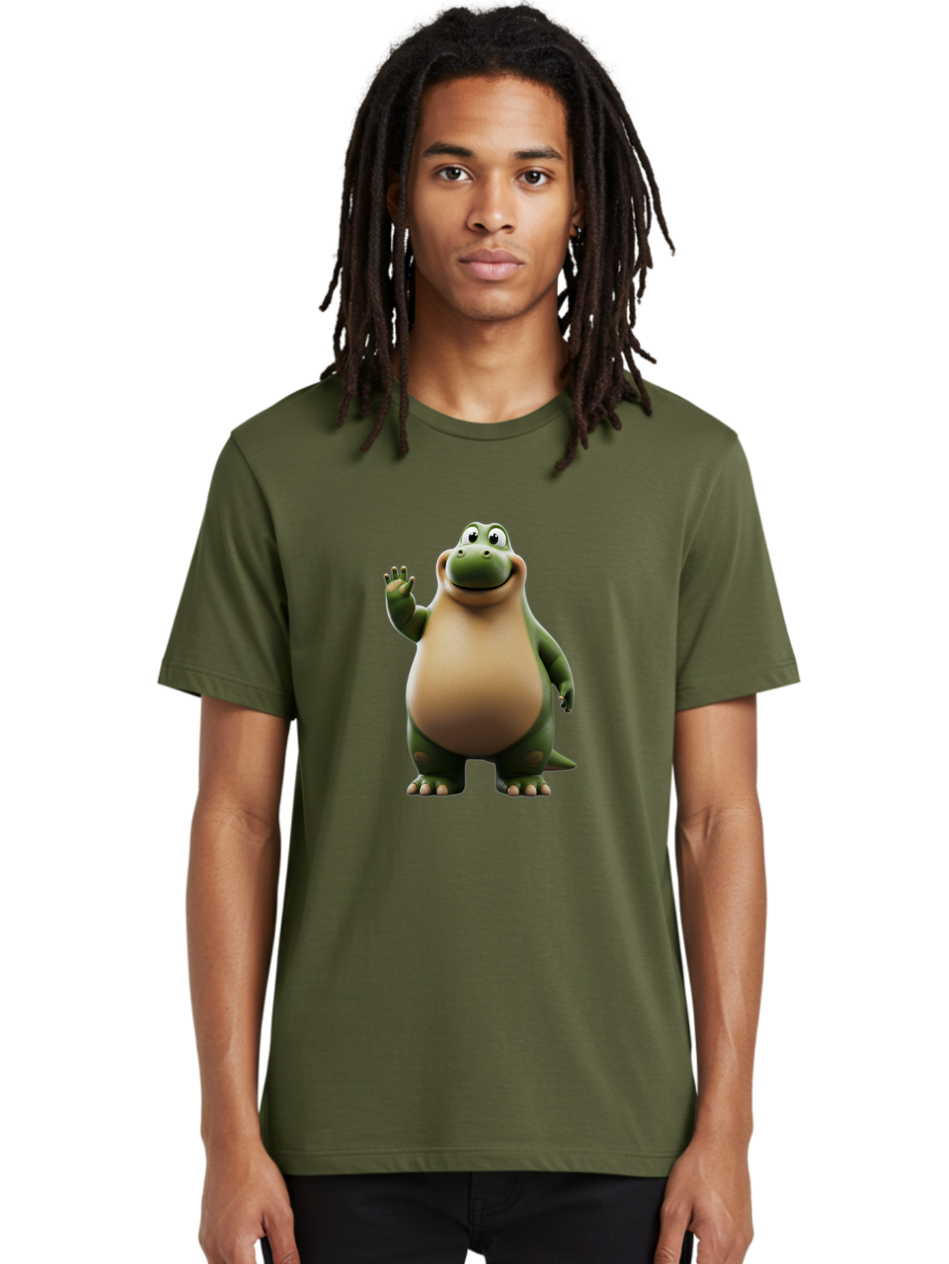 Cartoon-Dinosaur Men'S Graphic Tee, 100% Cotton, Comfortable Casual Summer Wear, Machine Washable, Cartoon Dinosaur, Friendly T-Rex, Green And Tan, Waving Hand, Smiling Face, Animated Character, Children'S Illustration, Prehistoric Creature, Bae391