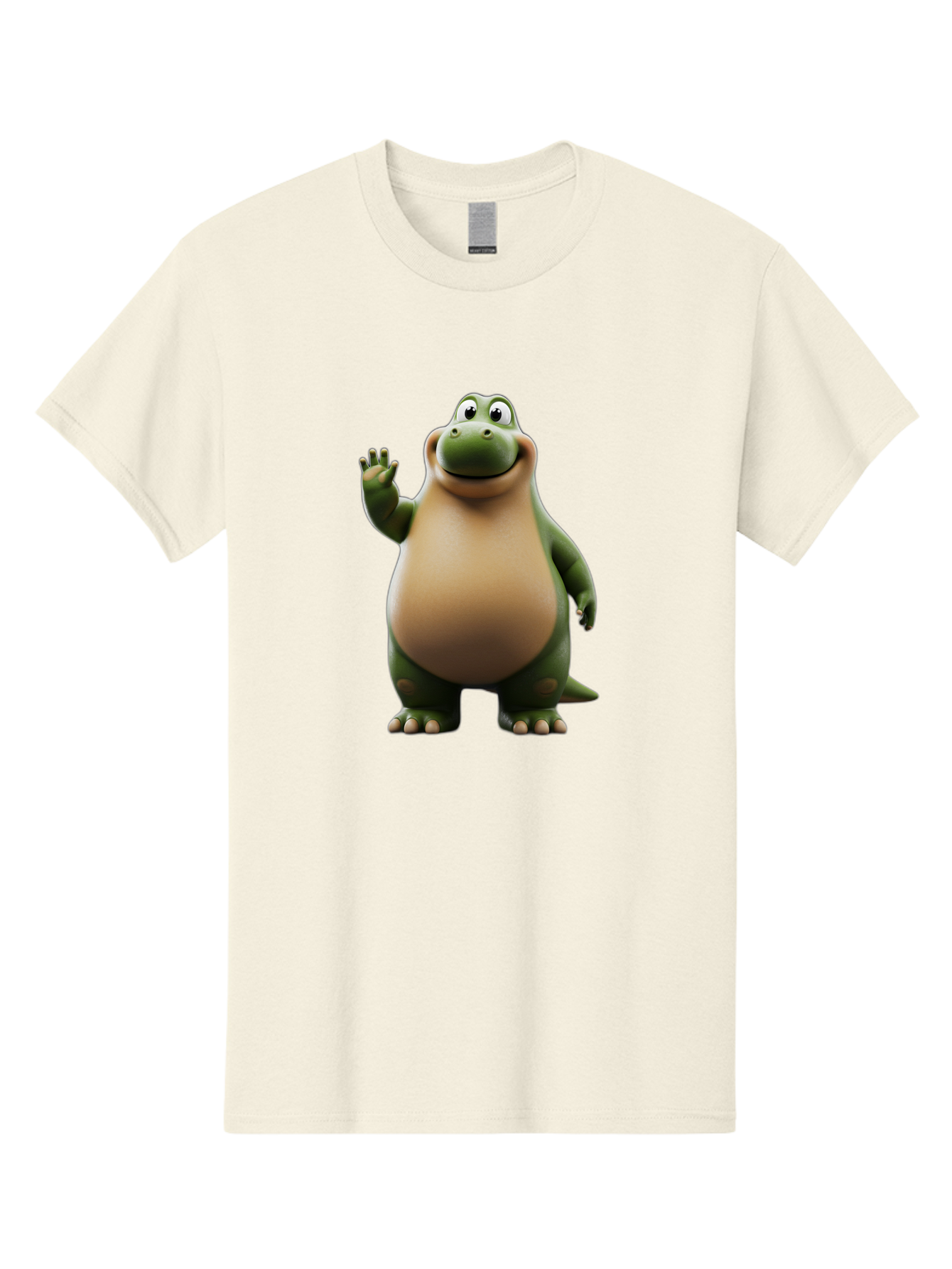 Cartoon-Dinosaur Men'S Graphic Tee, 100% Cotton, Comfortable Casual Summer Wear, Machine Washable, Cartoon Dinosaur, Friendly T-Rex, Green And Tan, Waving Hand, Smiling Face, Animated Character, Children'S Illustration, Prehistoric Creature, Bae391